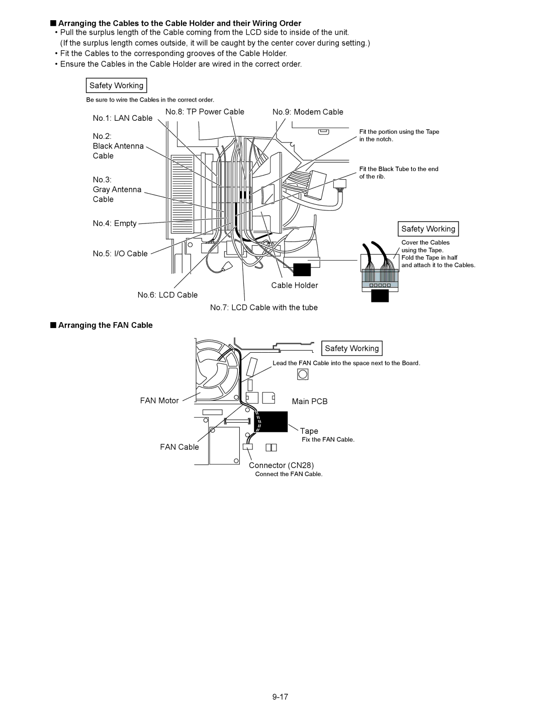 Panasonic CF-74ECBGDBM manual No.1 LAN Cable No.8 TP Power Cable, Arranging the FAN Cable, FAN Motor Main PCB Tape 