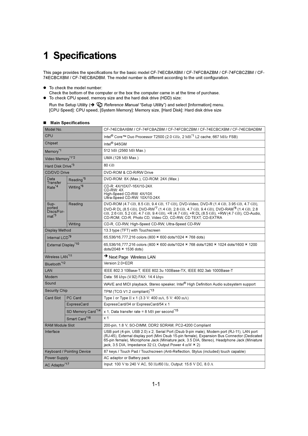 Panasonic CF-74ECBGDBM manual Model No, High-Speed CD-RW 4X/10X, Ultra-Speed CD-RW 10X/10-24X, Bluetooth*12 Version 2.0+EDR 