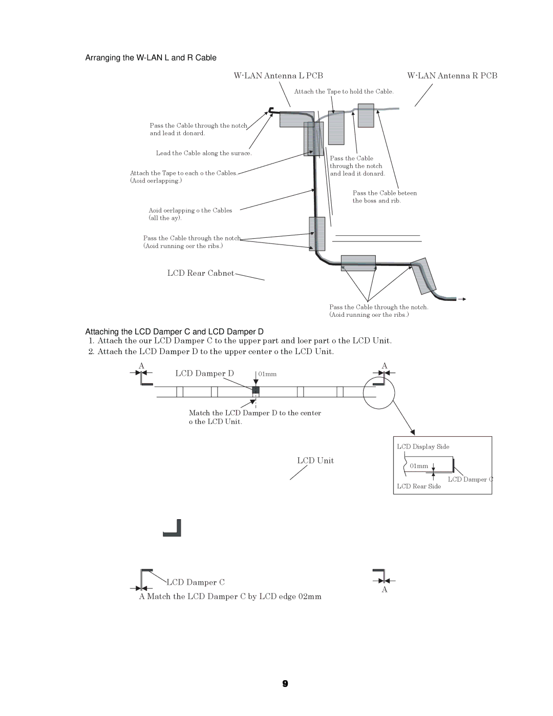 Panasonic CF-74GCDADBM service manual Arranging the W-LAN L and R Cable, Attaching the LCD Damper C and LCD Damper D 