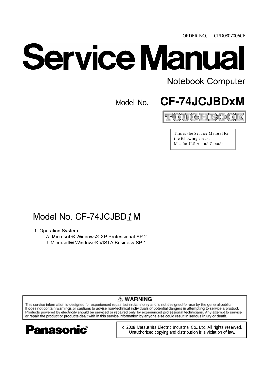 Panasonic CF-74JCJBD1 M service manual Model No. CF-74JCJBDxM 