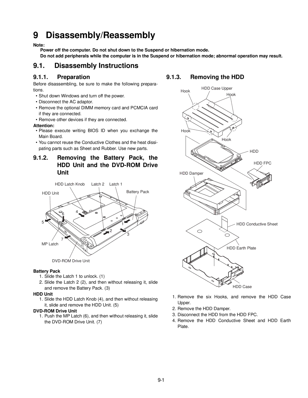 Panasonic CF-74JCJBD1 M service manual Preparation, Removing the HDD, Battery Pack, HDD Unit, DVD-ROM Drive Unit 