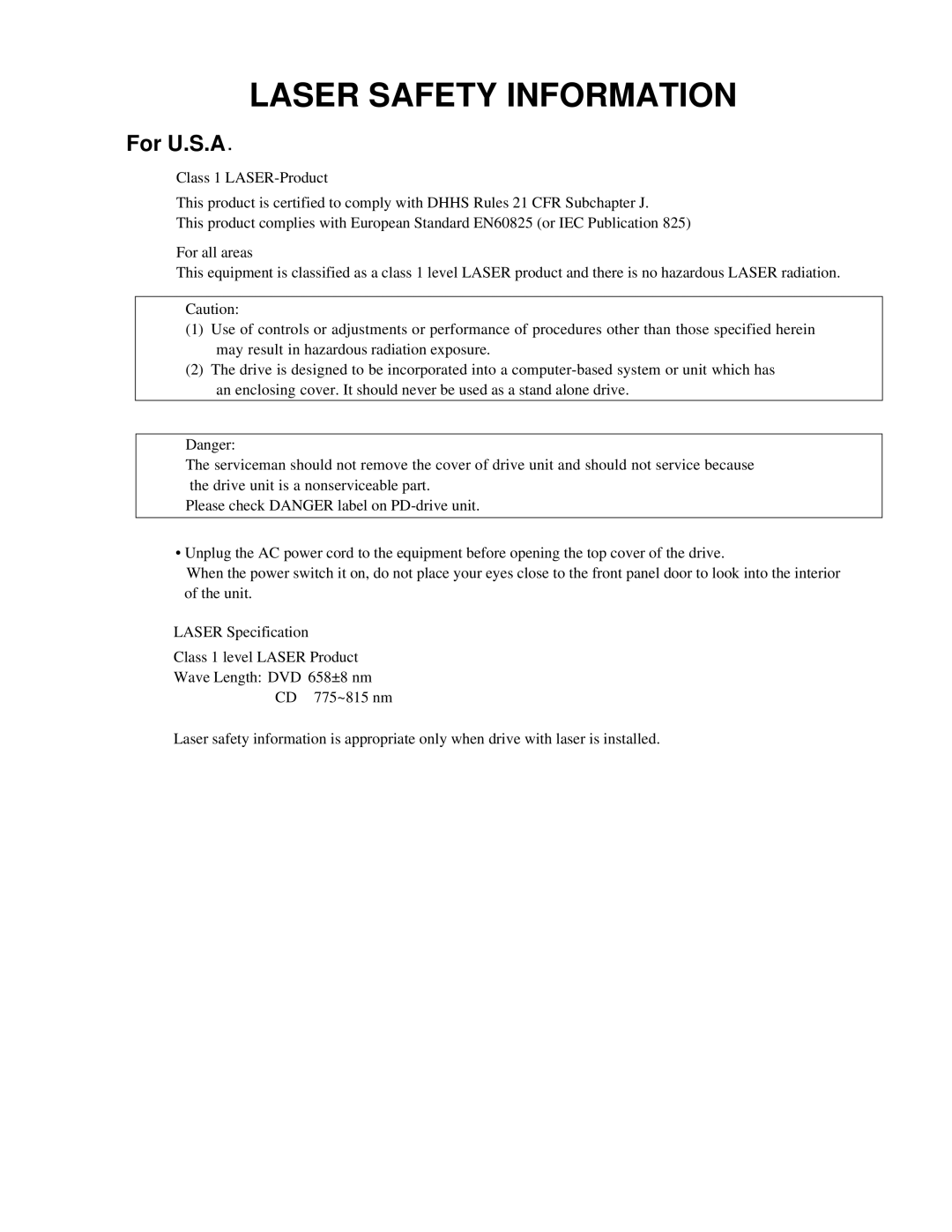 Panasonic CF-74JCJBD1 M service manual Laser Safety Information 