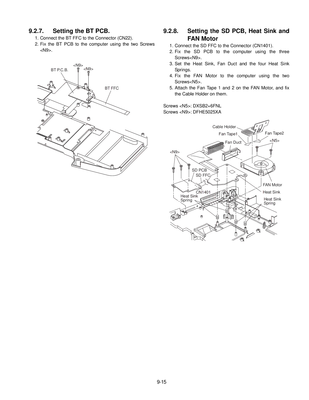 Panasonic CF-74JCJBD1 M service manual Setting the BT PCB, Setting the SD PCB, Heat Sink FAN Motor 