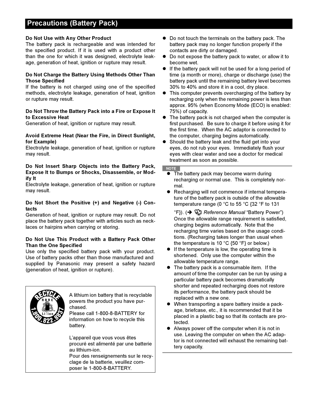 Panasonic CF-74JCJBD1 M service manual Precautions Battery Pack 