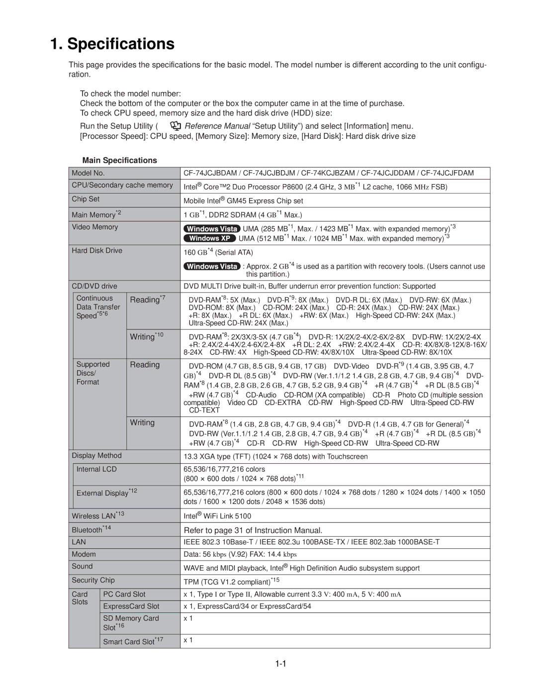 Panasonic CF-74JCJBD1 M service manual Specifications 