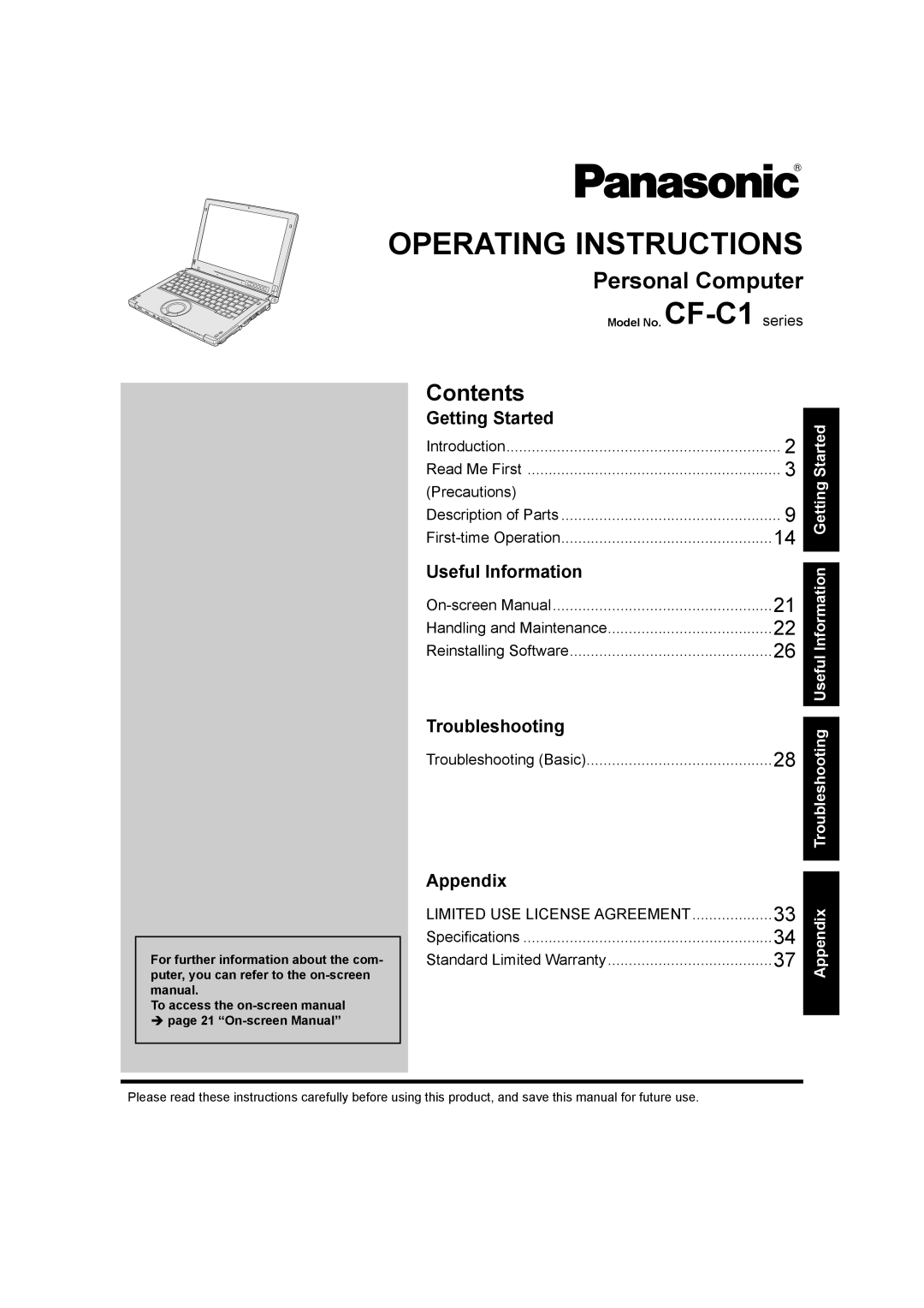 Panasonic CF-C1BLHAZ1M appendix Personal Computer, Contents 