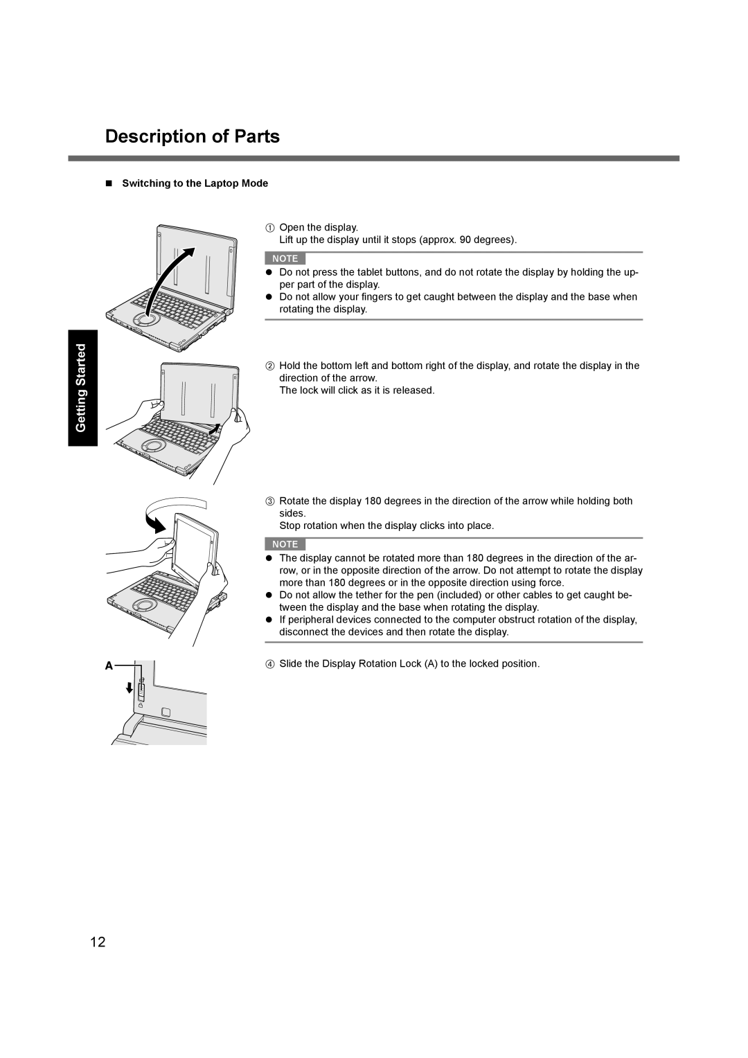 Panasonic CF-C1BLHAZ1M appendix Switching to the Laptop Mode, Slide the Display Rotation Lock a to the locked position 