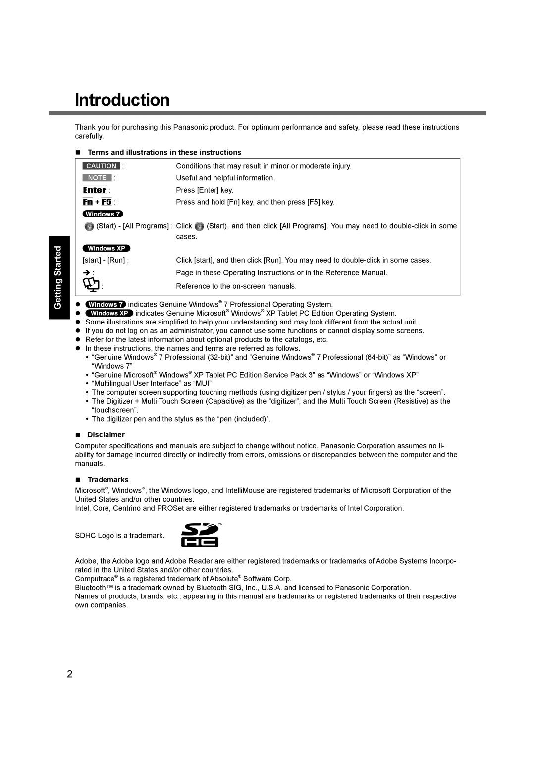 Panasonic CF-C1BLHAZ1M appendix Introduction, Terms and illustrations in these instructions, Disclaimer, Trademarks 