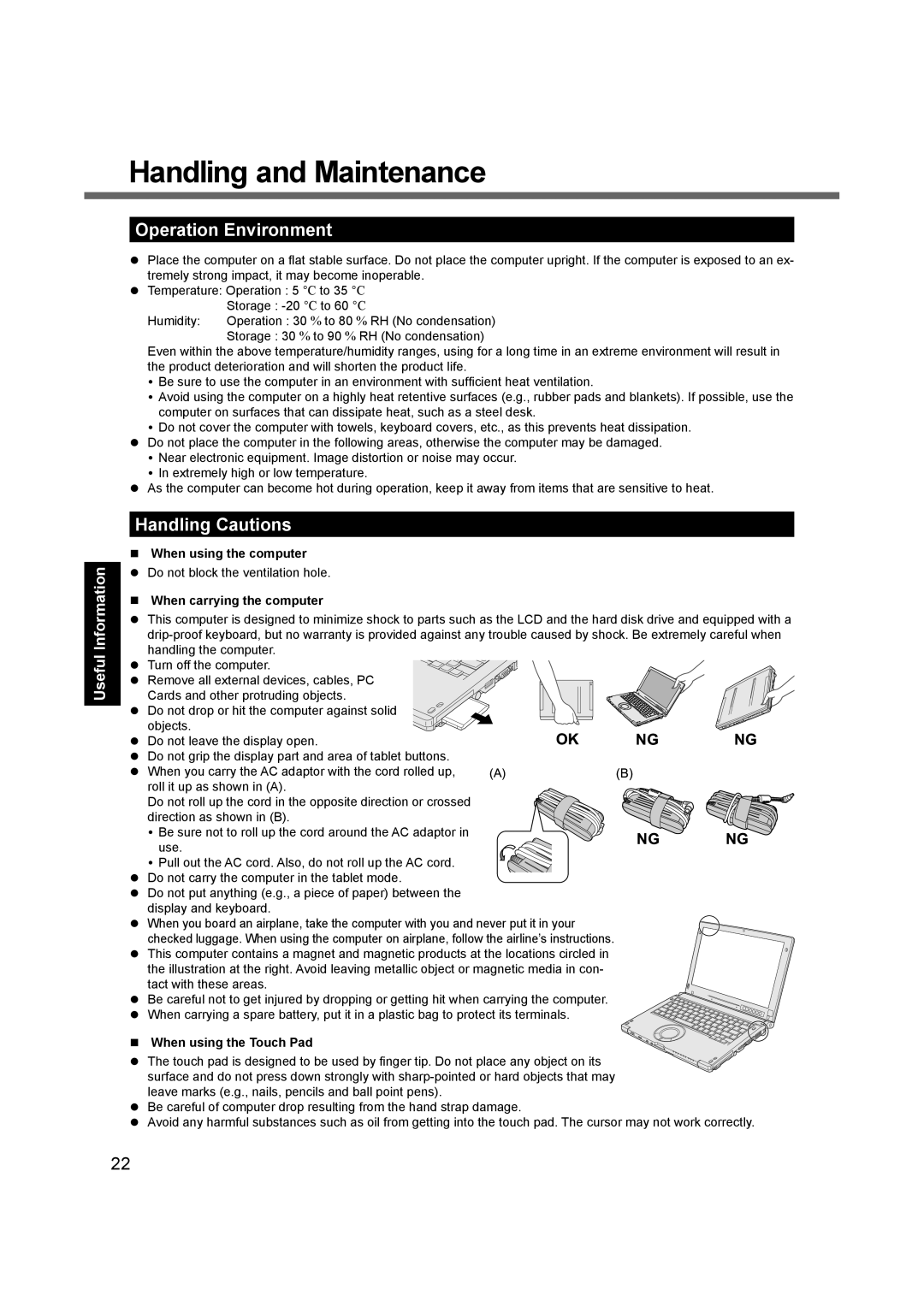 Panasonic CF-C1BLHAZ1M appendix Handling and Maintenance, Operation Environment, Handling Cautions 