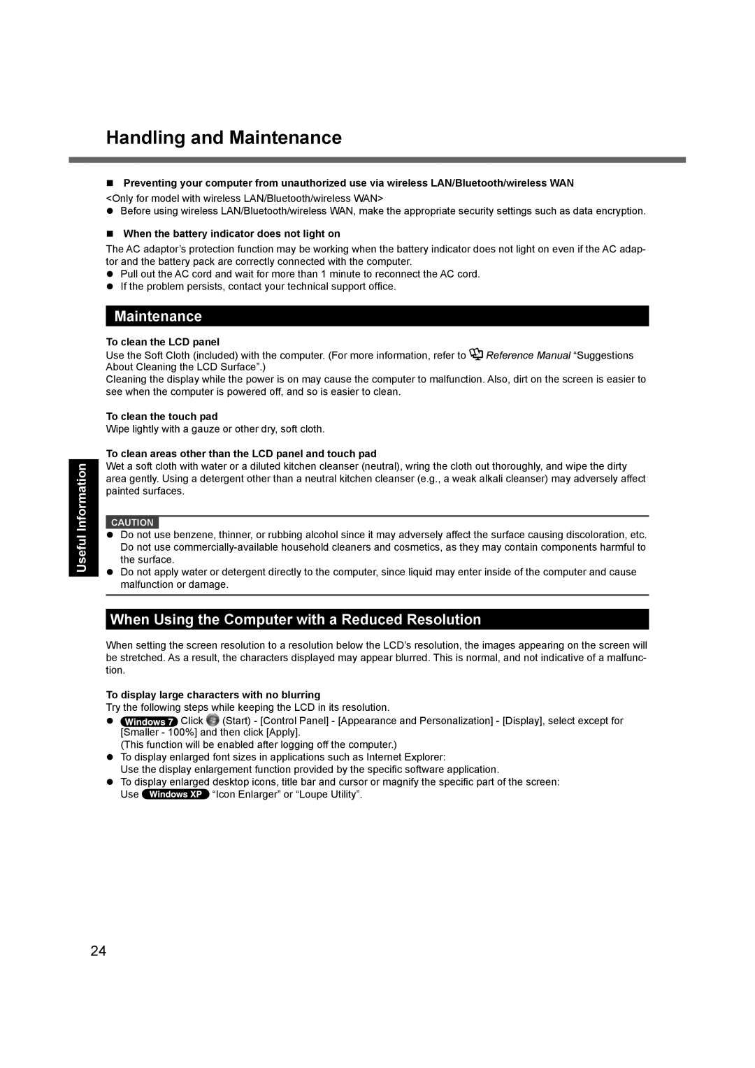 Panasonic CF-C1BLHAZ1M appendix Handling and Maintenance, When Using the Computer with a Reduced Resolution 