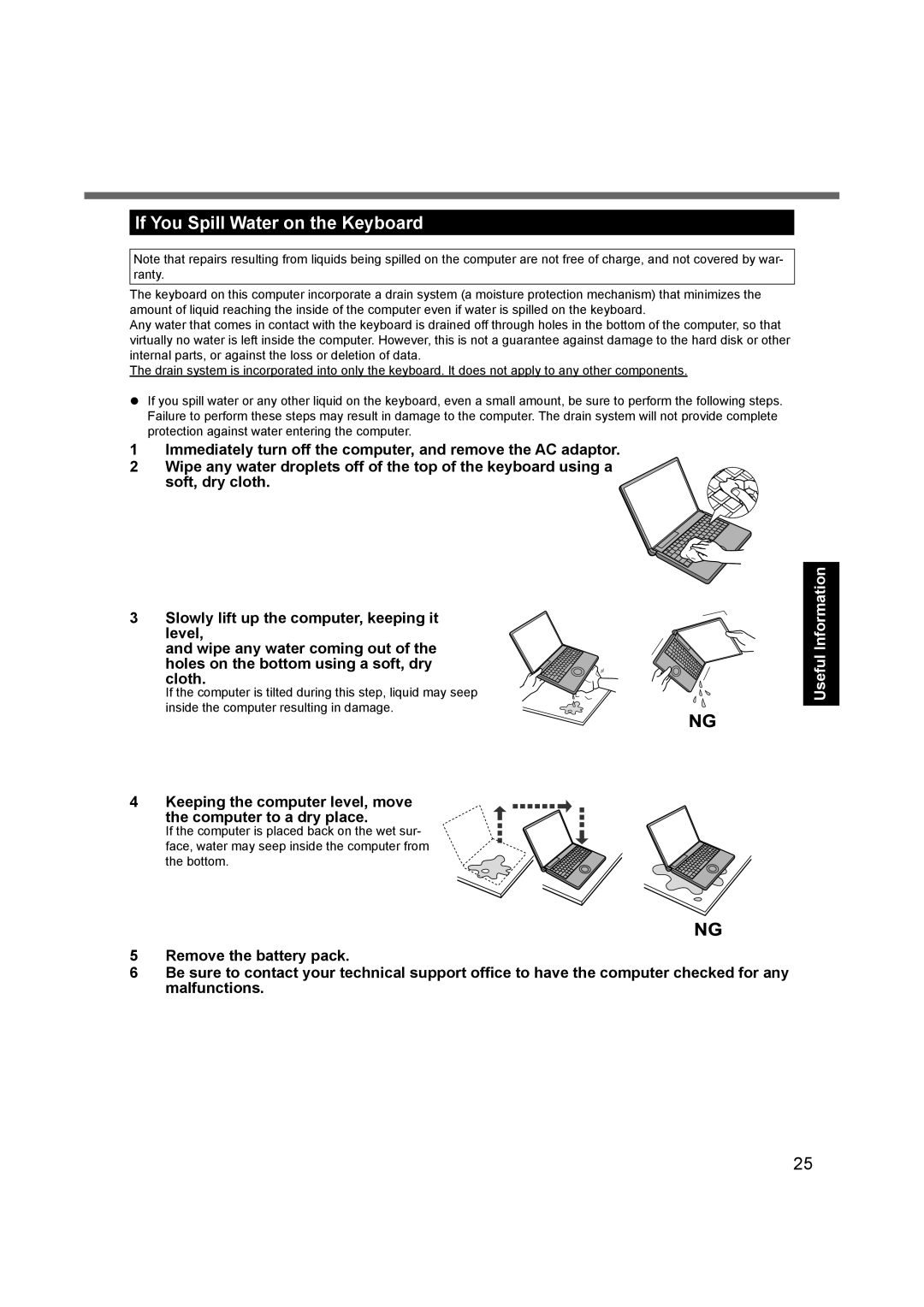 Panasonic CF-C1BLHAZ1M If You Spill Water on the Keyboard, Keeping the computer level, move the computer to a dry place 