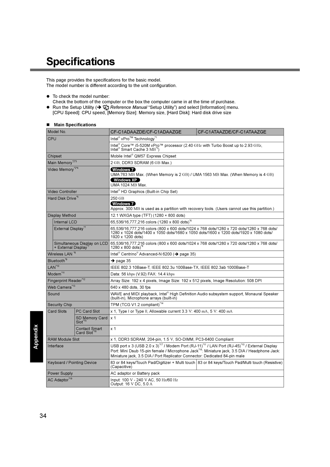 Panasonic CF-C1BLHAZ1M appendix Main Speciﬁcations 