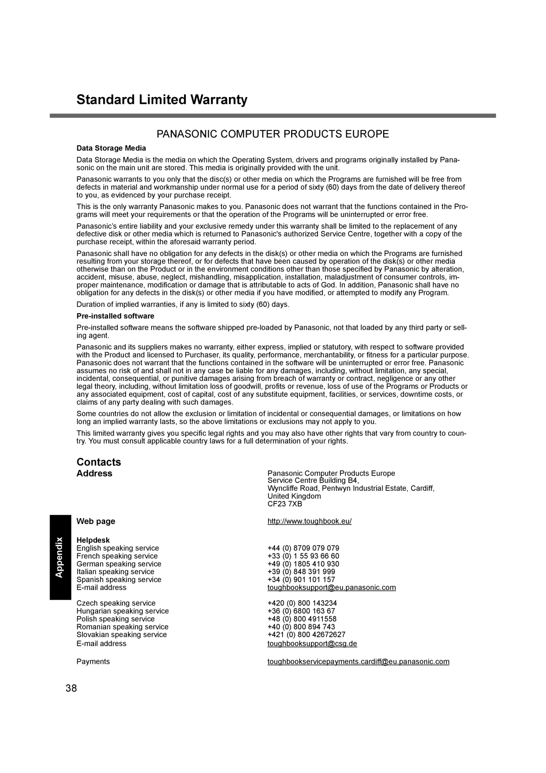 Panasonic CF-C1BLHAZ1M appendix Standard Limited Warranty, Address, Data Storage Media, Pre-installed software, Helpdesk 