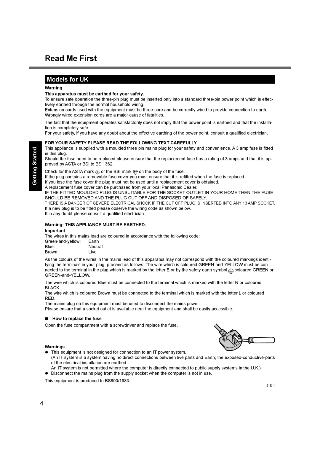 Panasonic CF-C1 Read Me First, Models for UK, This apparatus must be earthed for your safety, How to replace the fuse 