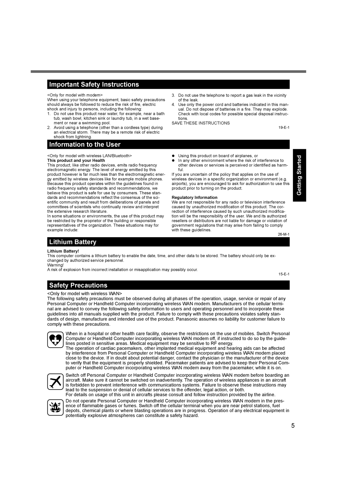 Panasonic CF-C1BLHAZ1M appendix Important Safety Instructions, Information to the User, Lithium Battery, Safety Precautions 