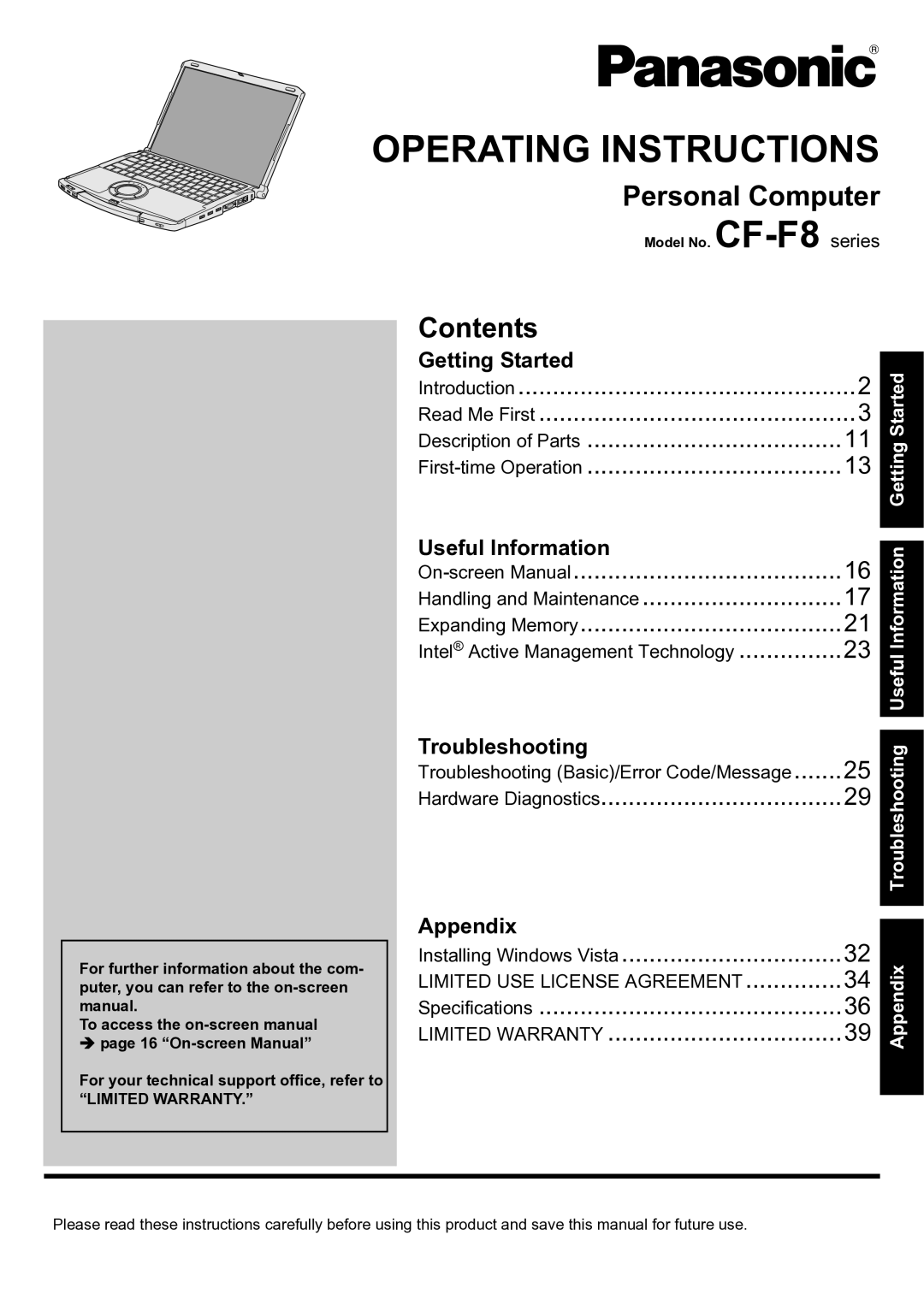 Panasonic CF-F8 manual Personal Computer, Contents 