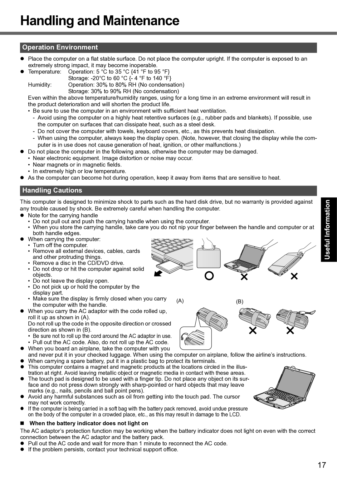 Panasonic CF-F8 manual Handling and Maintenance, Operation Environment, Handling Cautions 