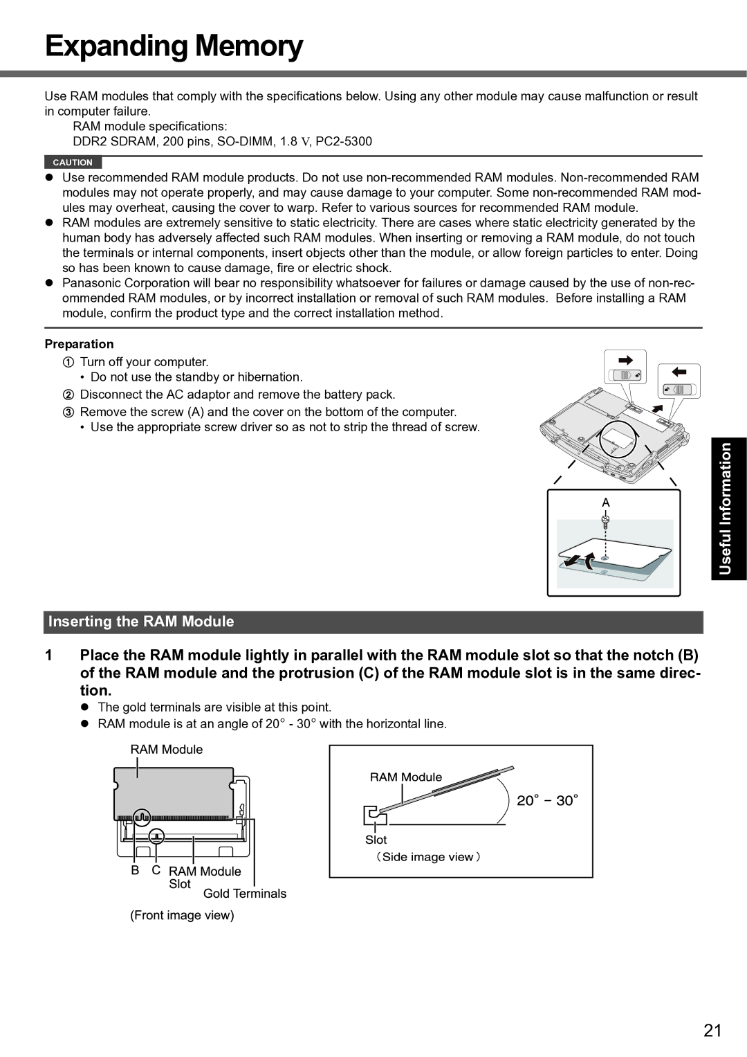 Panasonic CF-F8 manual Expanding Memory, Useful Information Getting Started Inserting the RAM Module, Preparation 