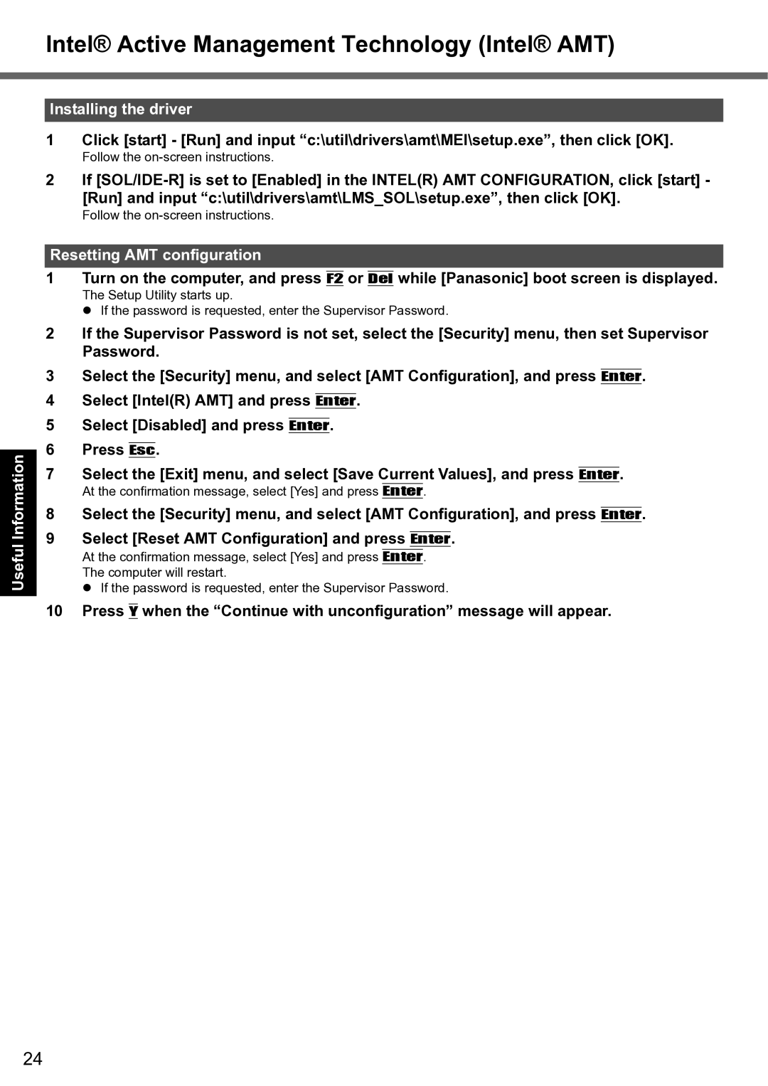 Panasonic CF-F8 manual Intel Active Management Technology Intel AMT, Resetting AMT configuration 