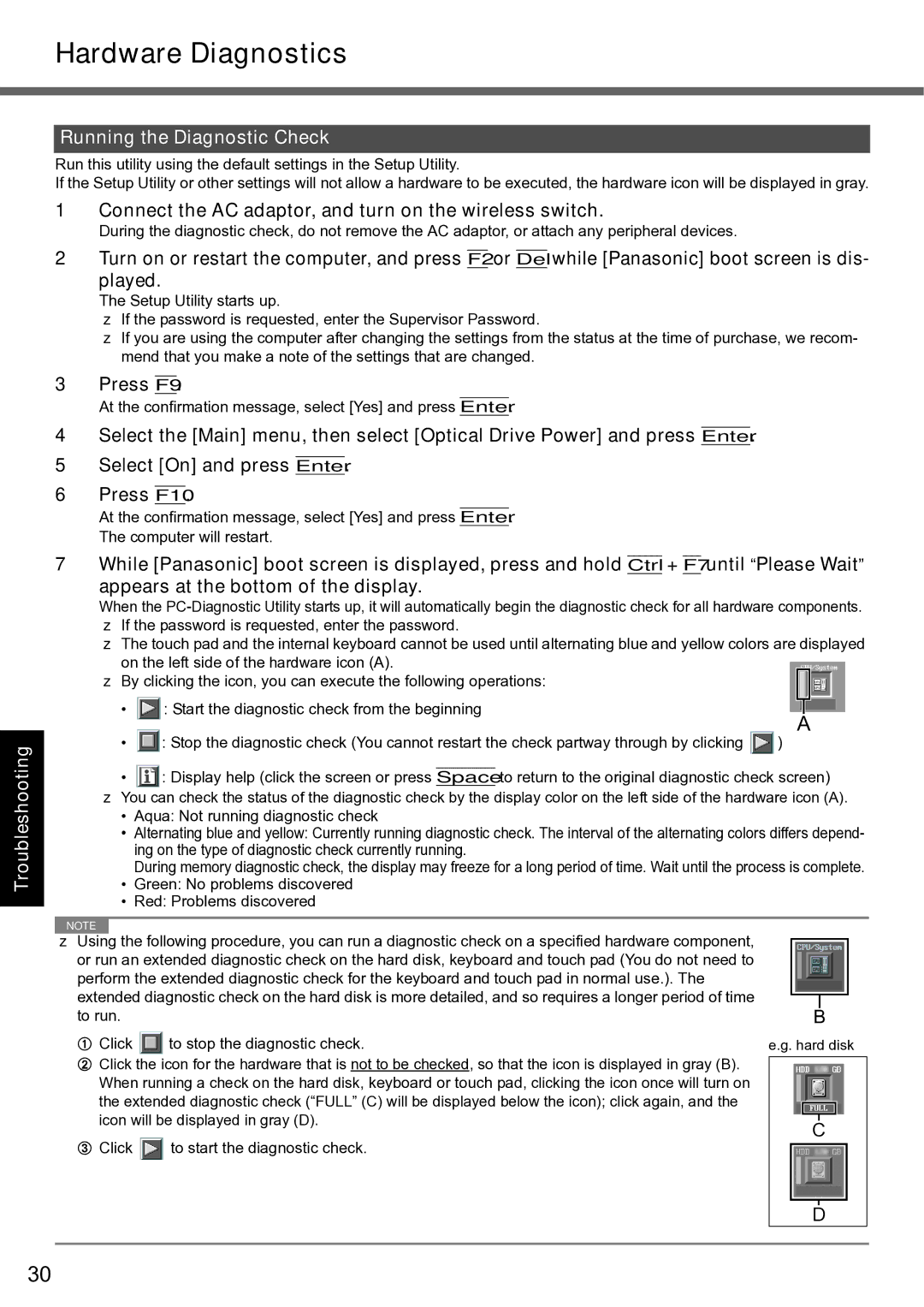 Panasonic CF-F8 manual Hardware Diagnostics, Connect the AC adaptor, and turn on the wireless switch, Press F9 