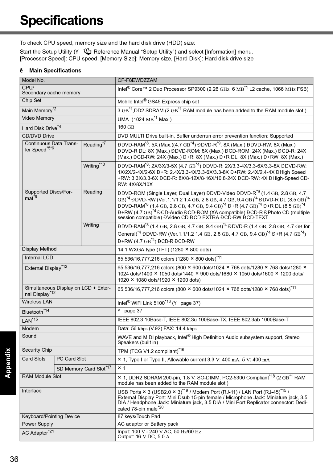 Panasonic CF-F8 manual „ Main Specifications 