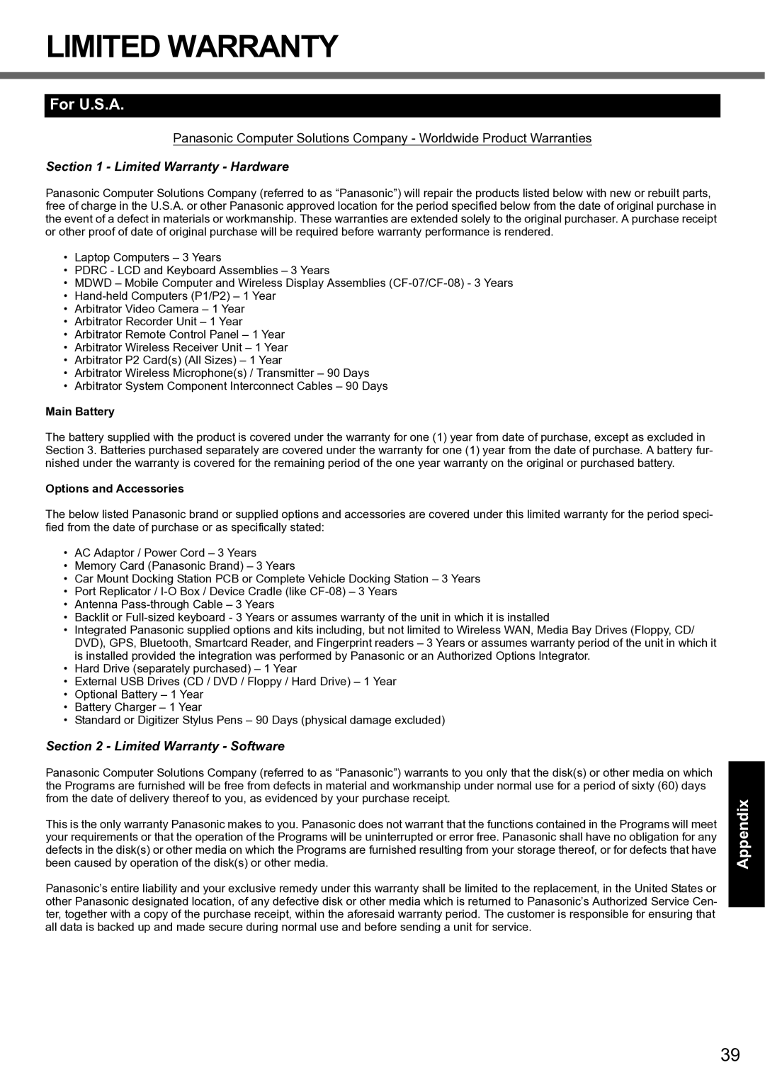 Panasonic CF-F8 manual Limited Warranty, For U.S.A 