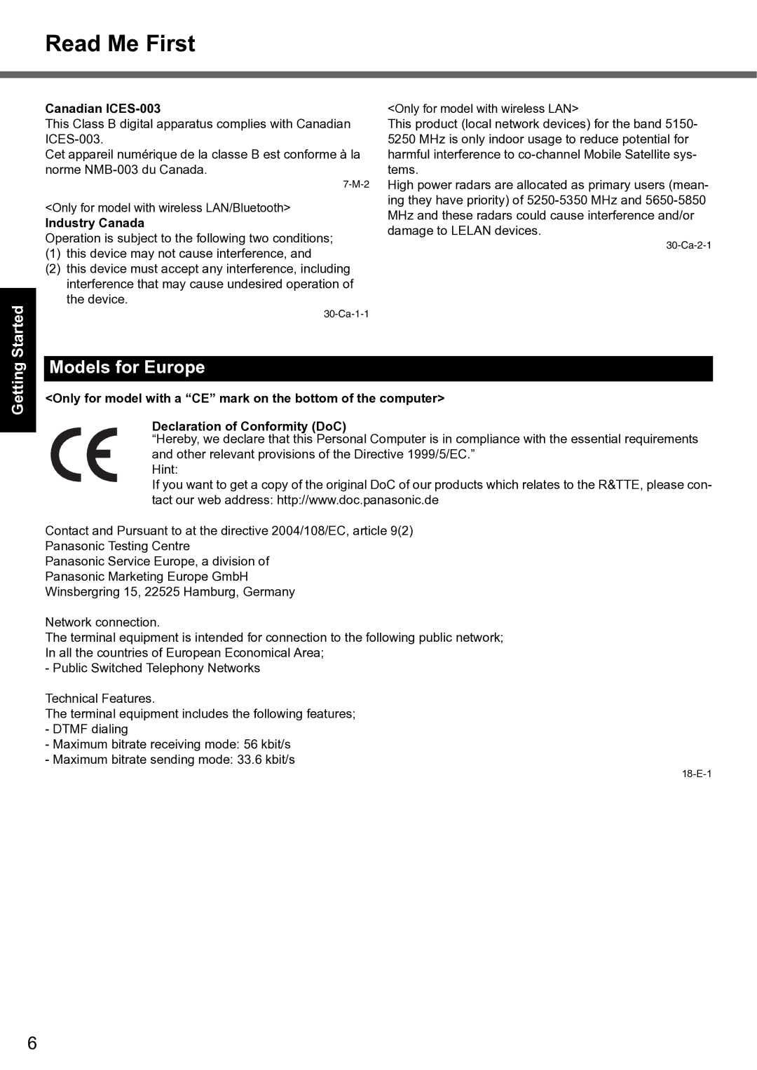 Panasonic CF-F8 manual Models for Europe, Canadian ICES-003, Industry Canada 