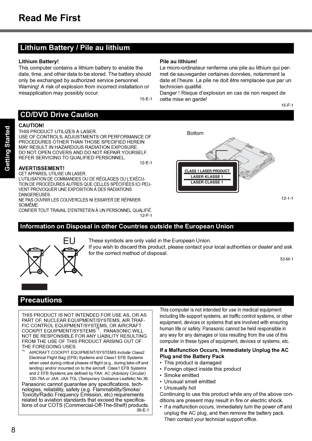 Panasonic CF-F8 manual Lithium Battery / Pile au lithium, CD/DVD Drive Caution, Precautions, Avertissement 