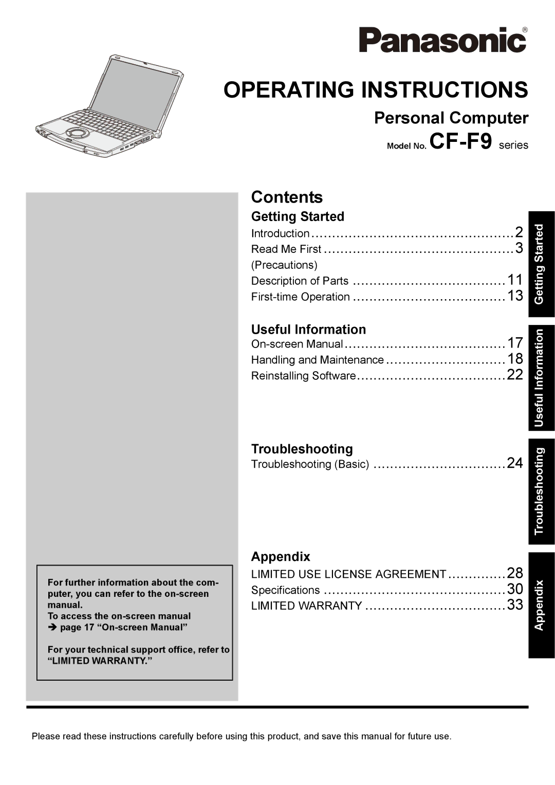 Panasonic CF-F9 appendix Personal Computer, Contents 