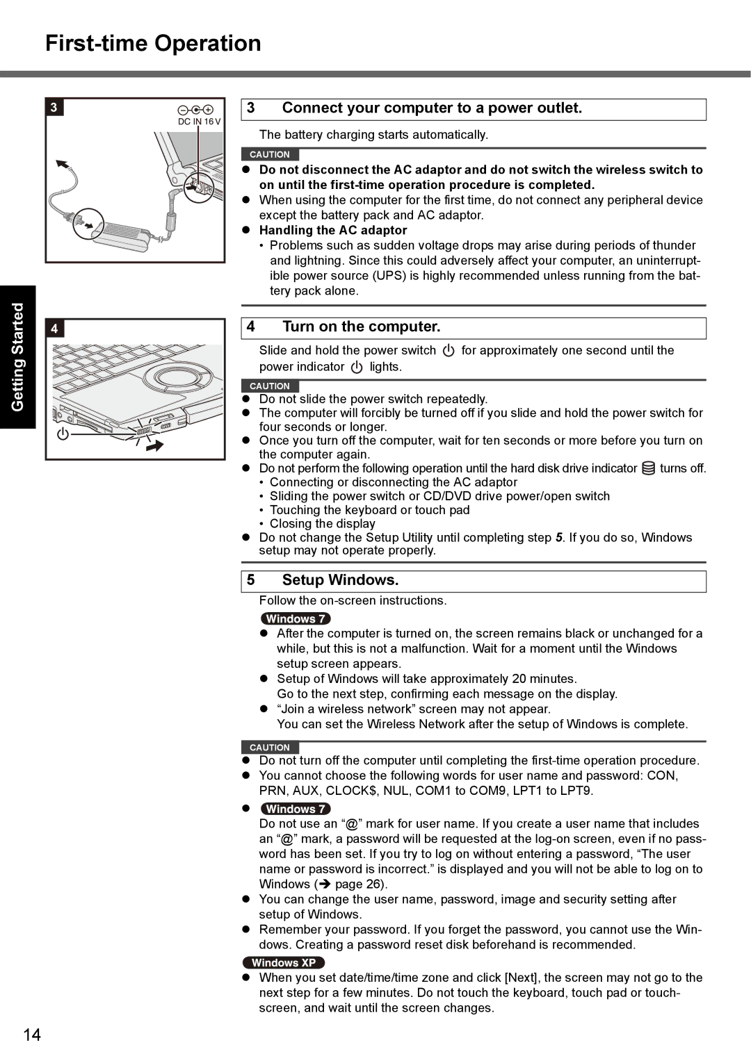 Panasonic CF-F9 First-time Operation, GettingStarted Useful Information Appendix Troubleshooting, Handling the AC adaptor 