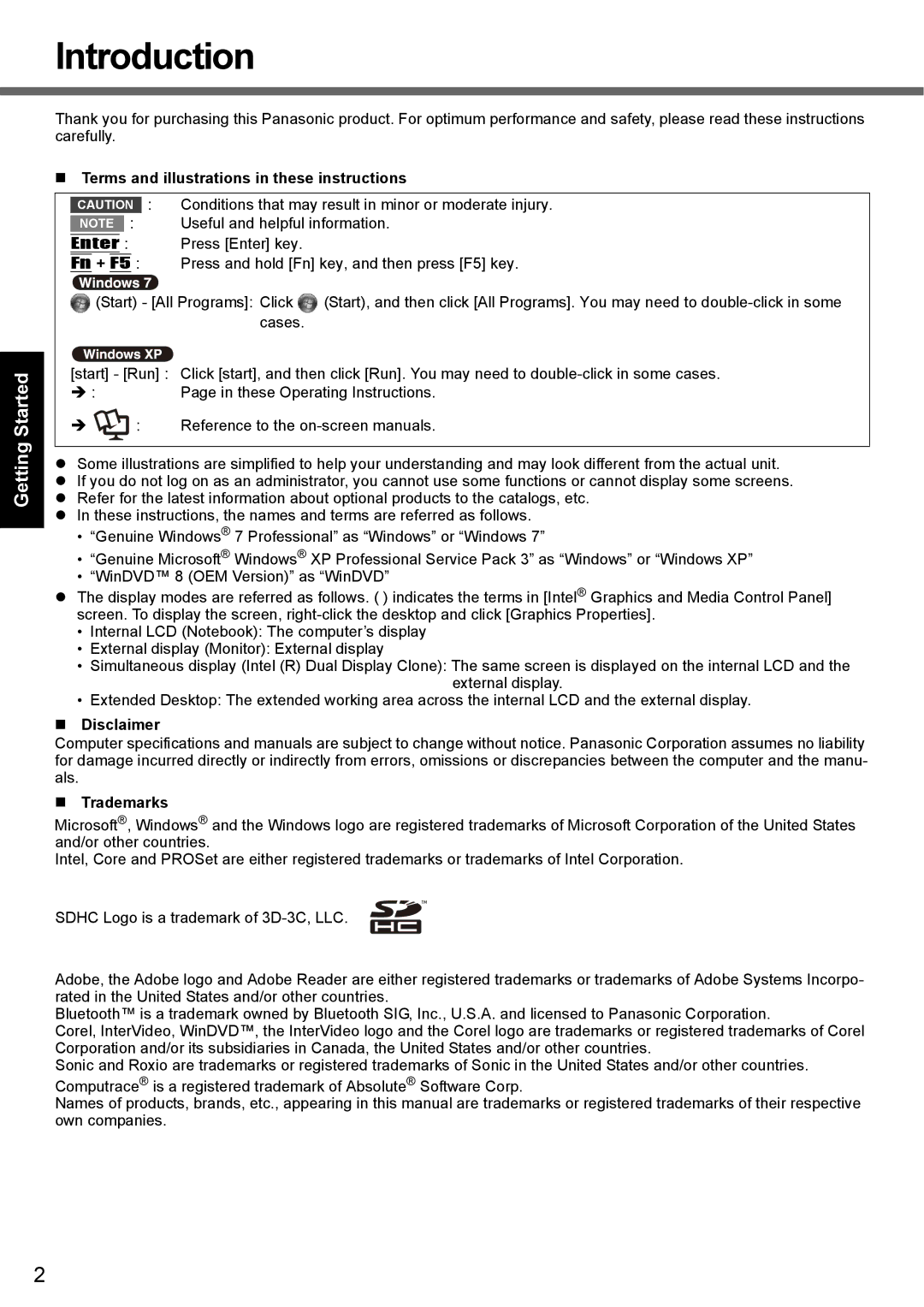 Panasonic CF-F9 Introduction, Appendix Troubleshooting Useful Information Getting Started, „ Disclaimer, „ Trademarks 