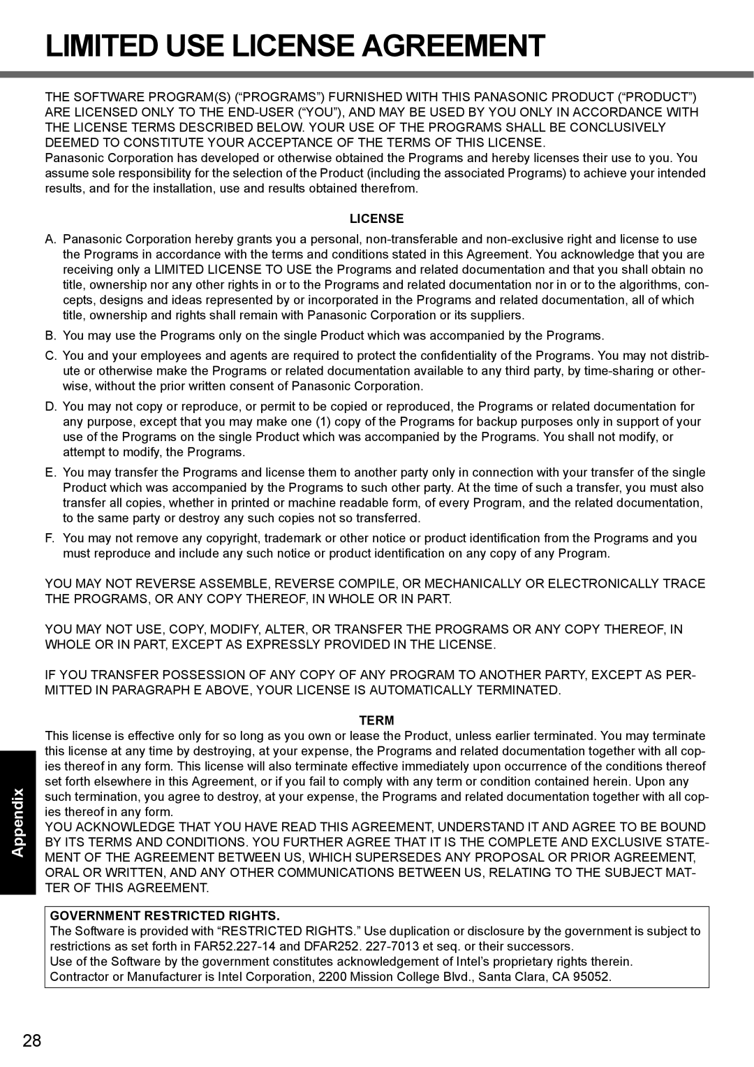 Panasonic CF-F9 appendix License, Term, Government Restricted Rights 