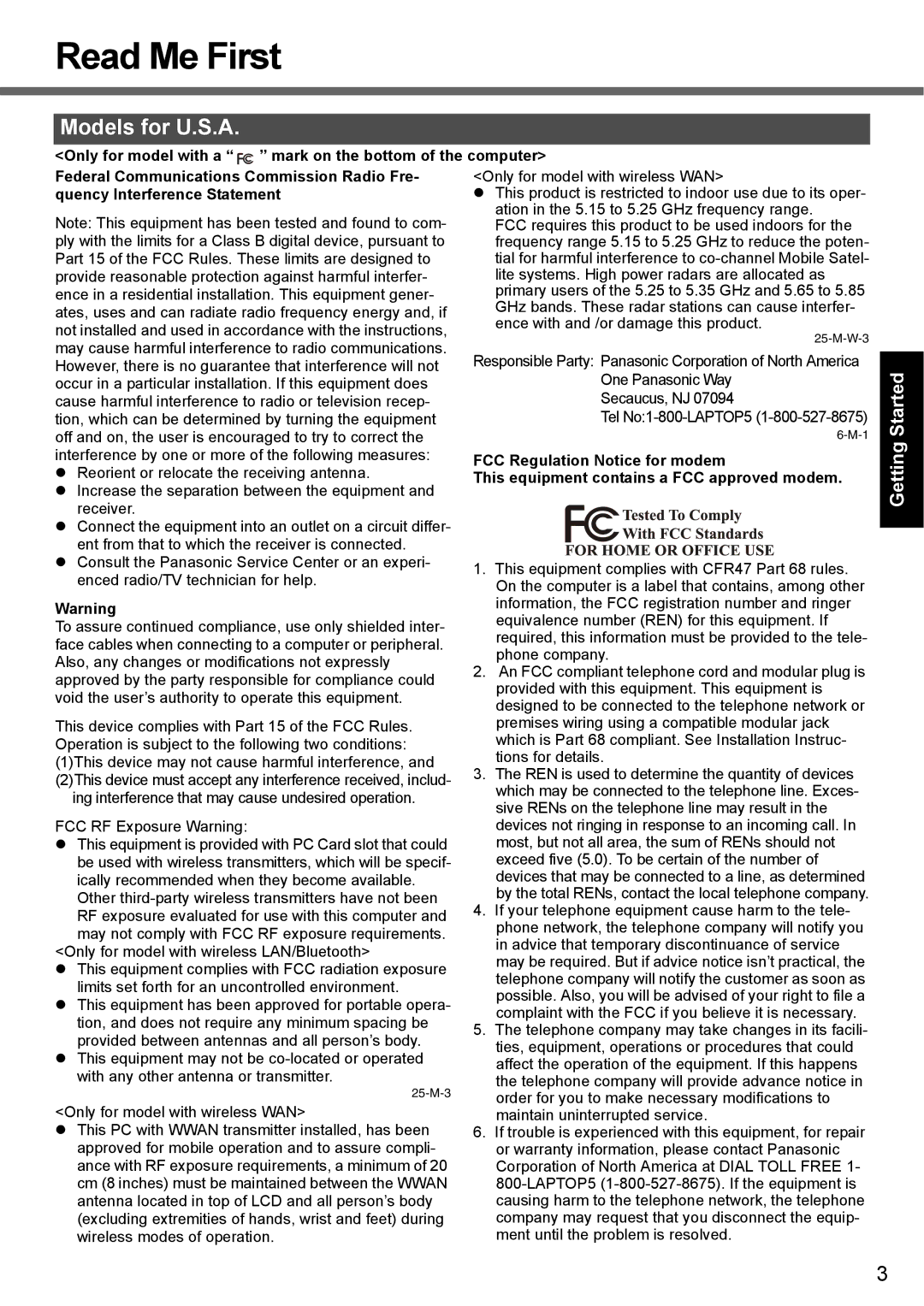 Panasonic CF-F9 appendix Read Me First, Models for U.S.A, Quency Interference Statement, FCC Regulation Notice for modem 