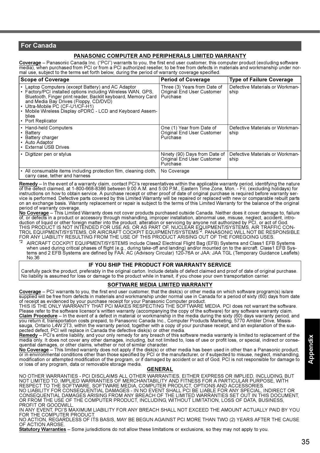 Panasonic CF-F9 For Canada, Panasonic Computer and Peripherals Limited Warranty, Software Media Limited Warranty, General 