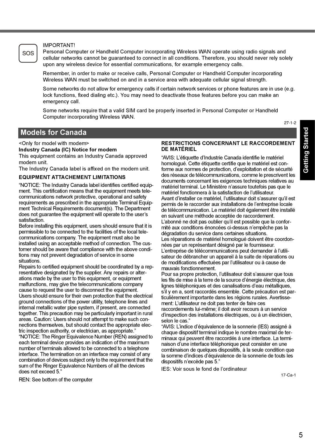 Panasonic CF-F9 appendix Models for Canada, Started, Appendix Troubleshooting Useful Information Getting 