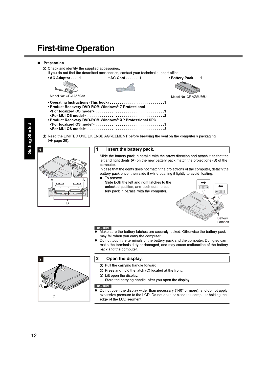 Panasonic CF-F9 appendix First-time Operation, Insert the battery pack, Open the display, „ Preparation, AC Adaptor 