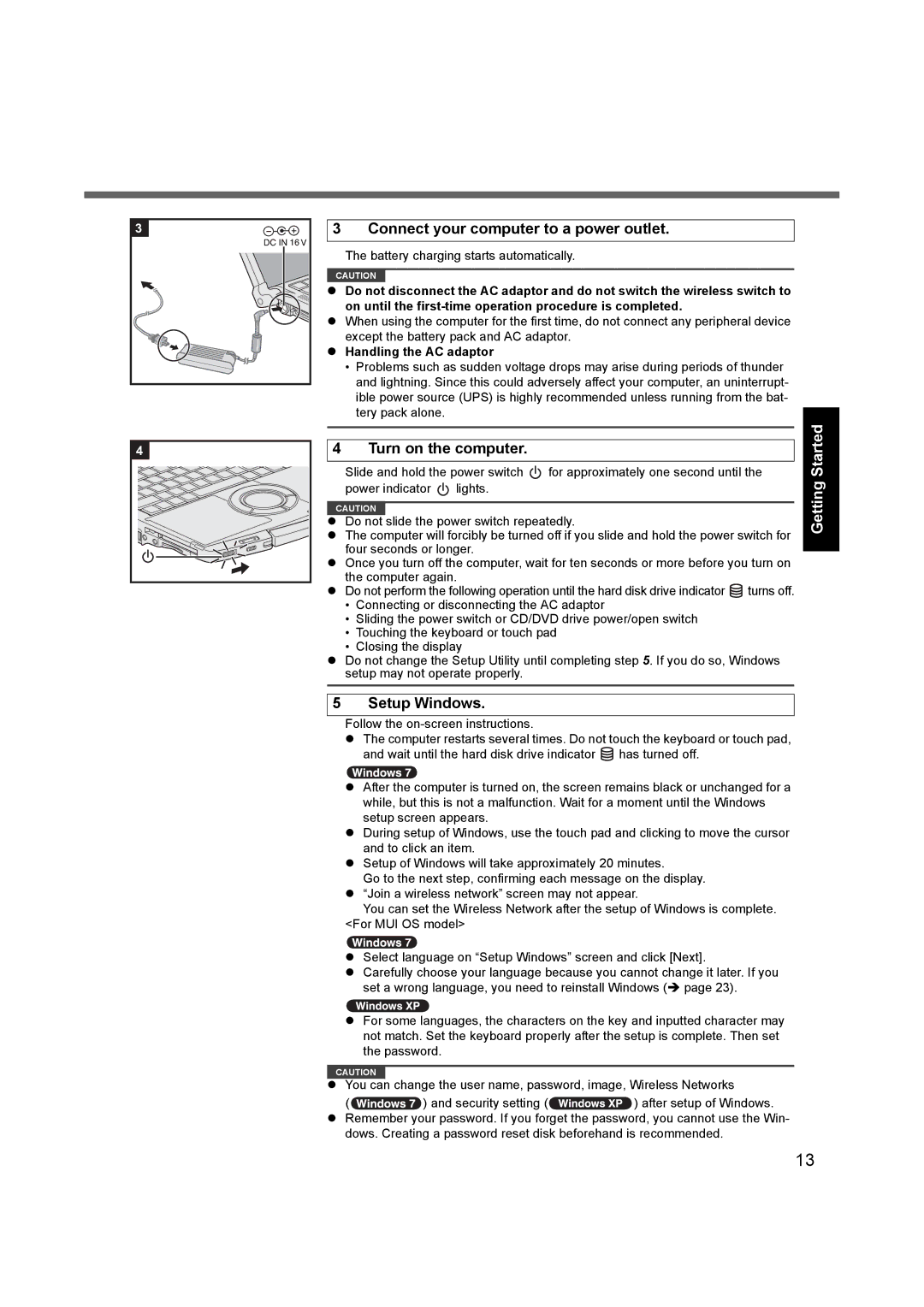 Panasonic CF-F9 Connect your computer to a power outlet, Turn on the computer, Setup Windows, Handling the AC adaptor 