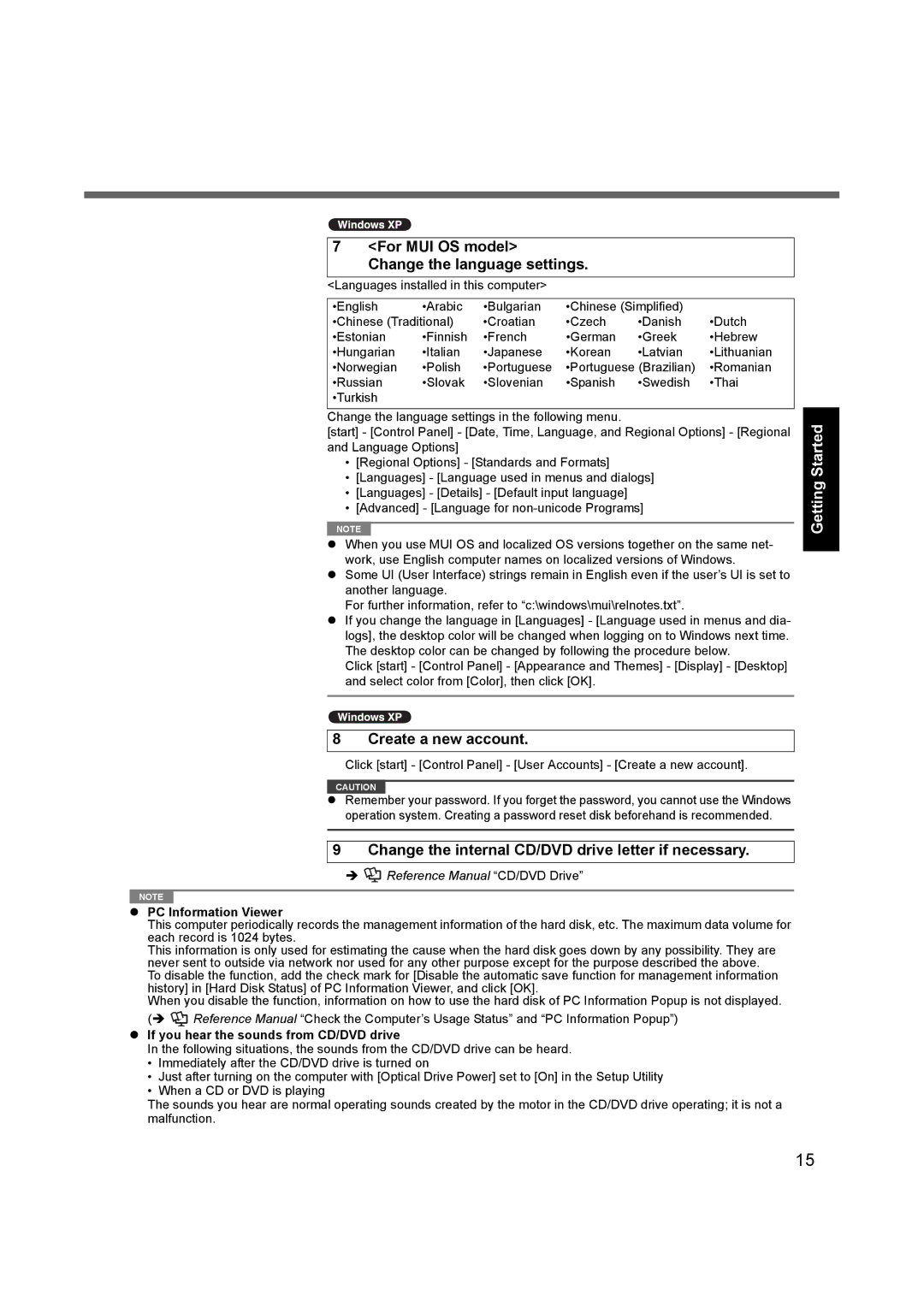 Panasonic CF-F9 appendix For MUI OS model Change the language settings, Create a new account, PC Information Viewer 