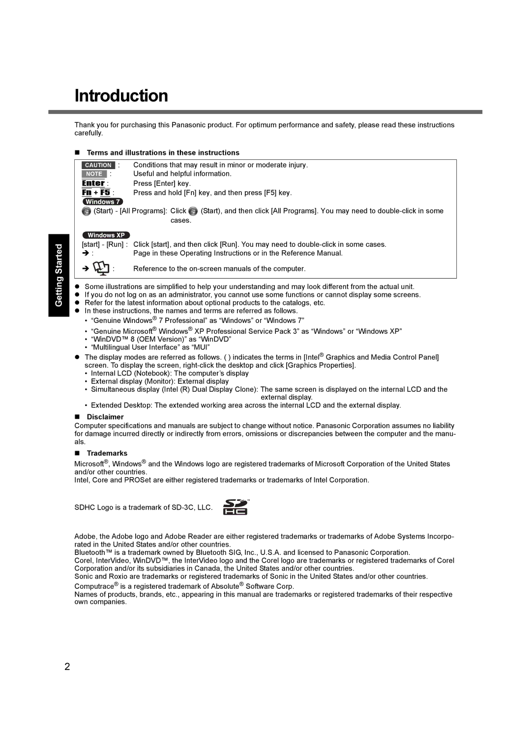 Panasonic CF-F9 Introduction, Appendix Troubleshooting Useful Information Getting Started, „ Disclaimer, „ Trademarks 