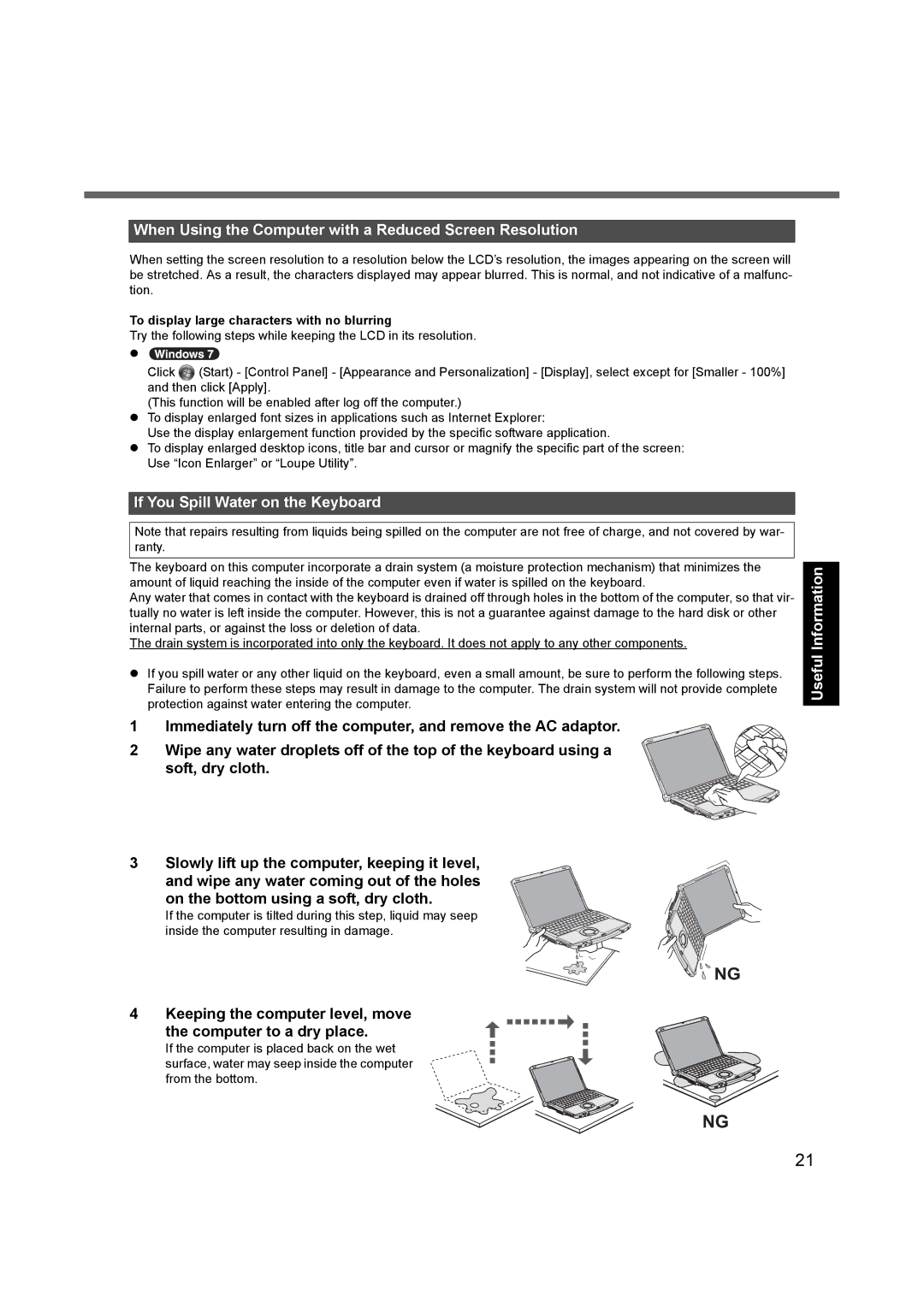 Panasonic CF-F9 appendix When Using the Computer with a Reduced Screen Resolution, If You Spill Water on the Keyboard 