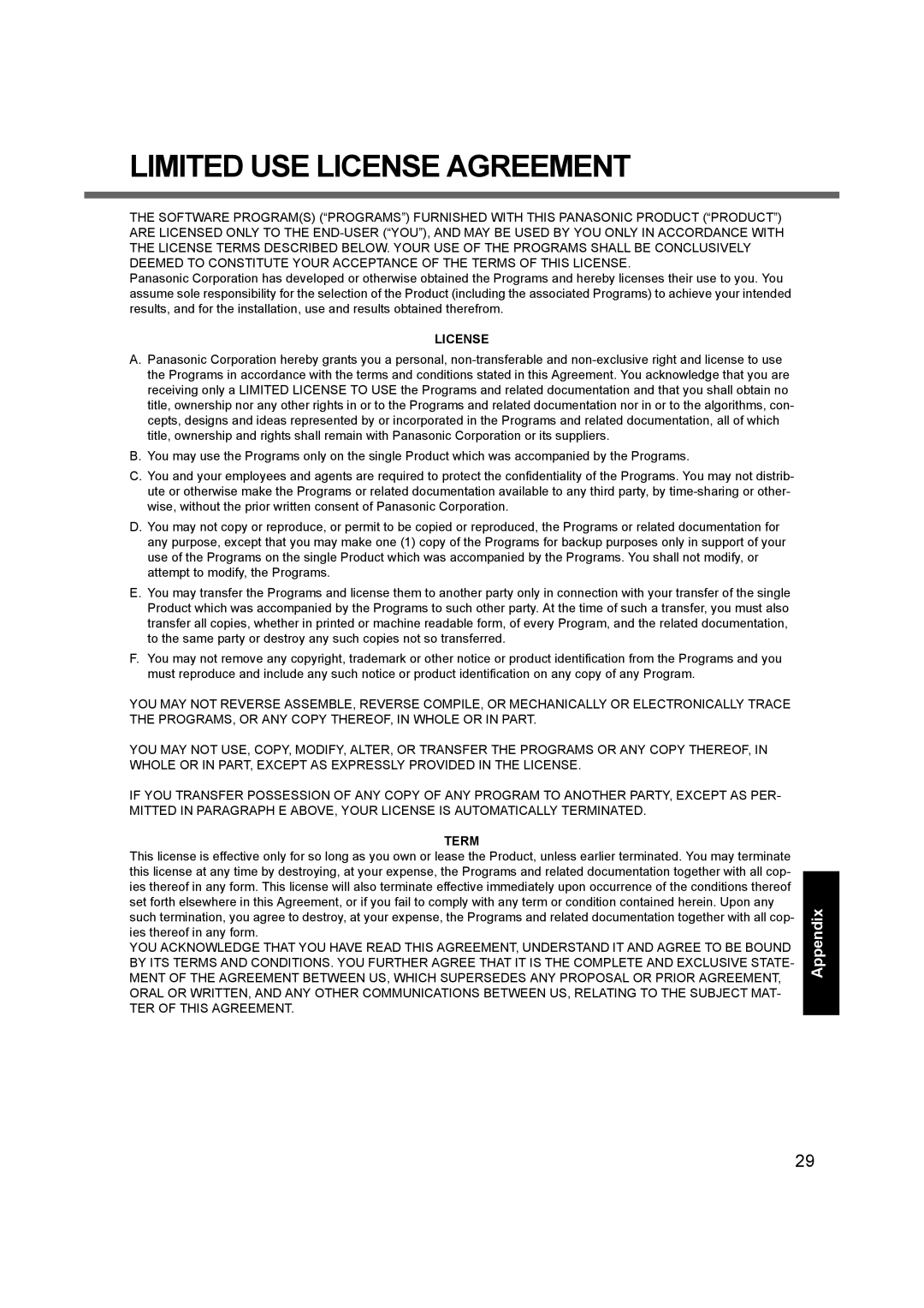 Panasonic CF-F9 appendix Limited USE License Agreement 