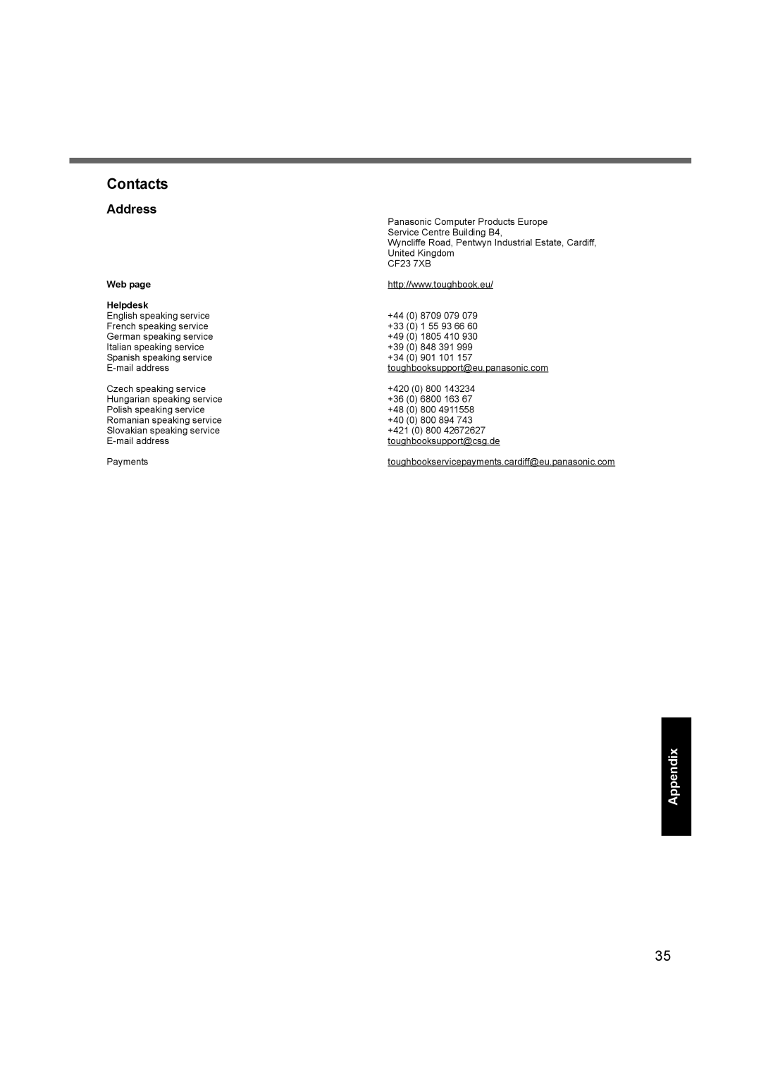 Panasonic CF-F9 appendix Contacts, Address 