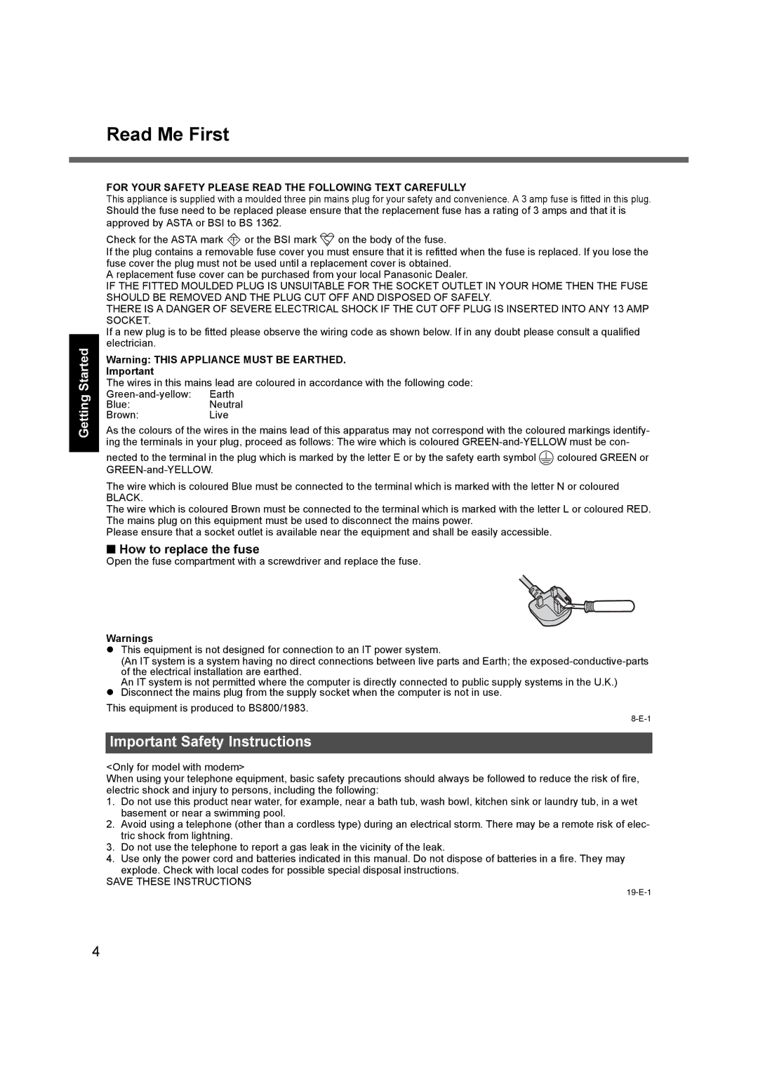 Panasonic CF-F9 appendix Read Me First, Important Safety Instructions, How to replace the fuse 