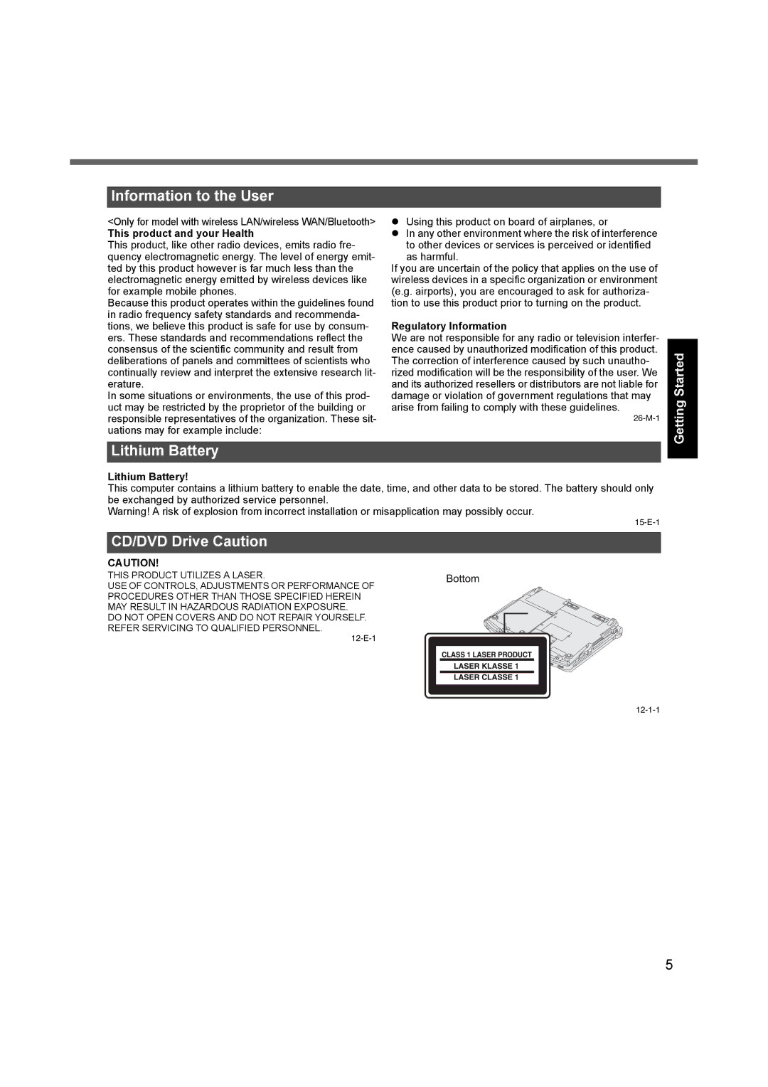 Panasonic CF-F9 appendix Information to the User, Lithium Battery, CD/DVD Drive Caution, Getting Started 