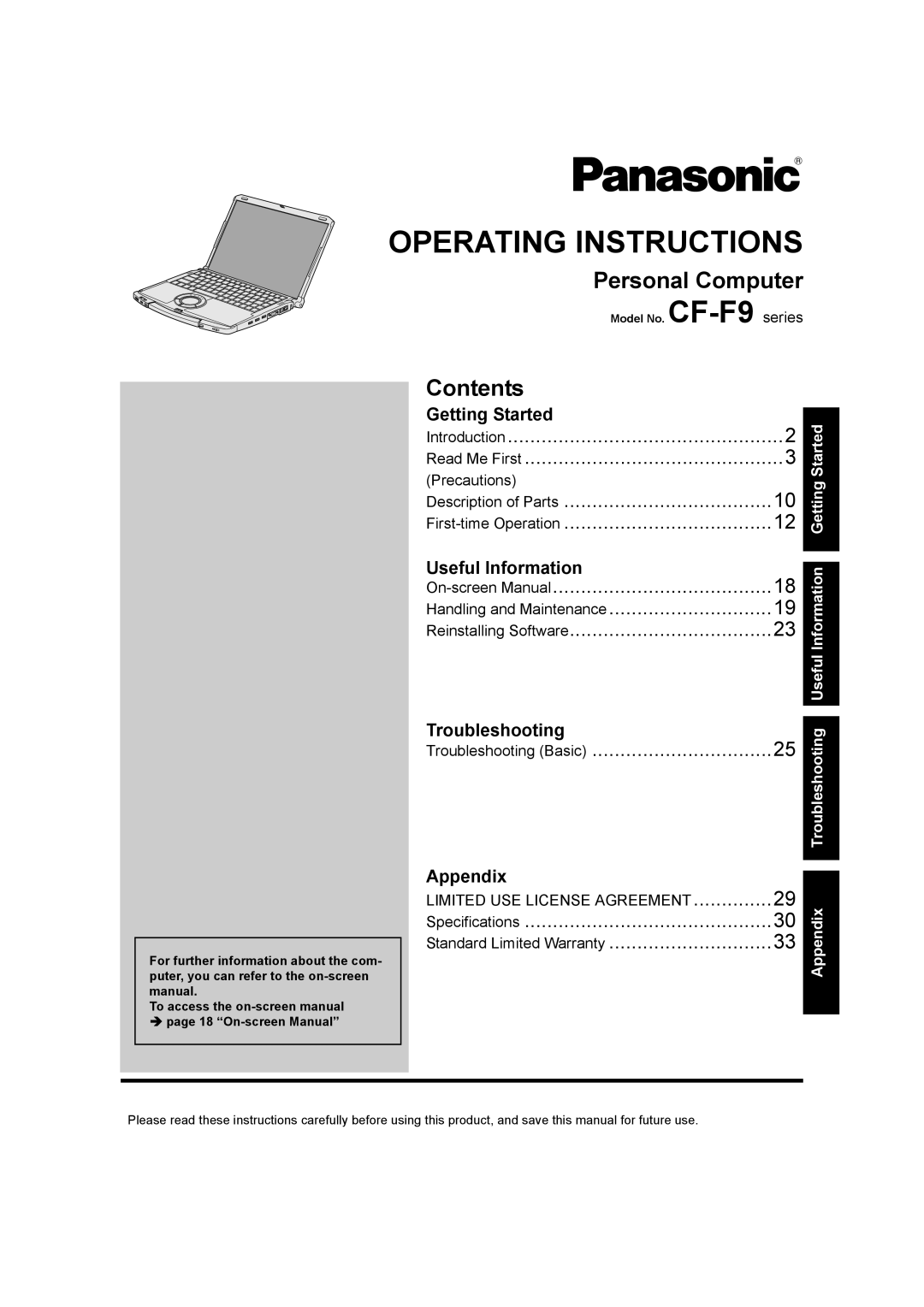 Panasonic CF-F9 appendix Operating Instructions, Personal Computer, Contents, Getting Started, Read Me First, Appendix 