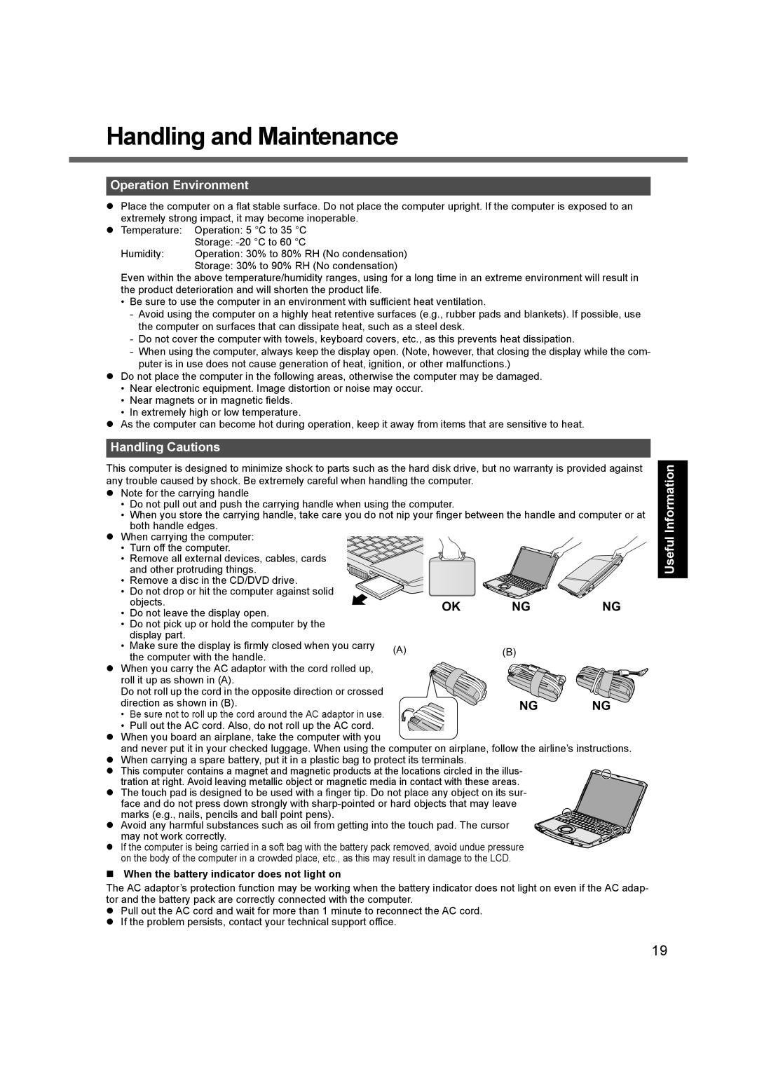 Panasonic CF-F9 appendix Handling and Maintenance, Operation Environment, Handling Cautions 