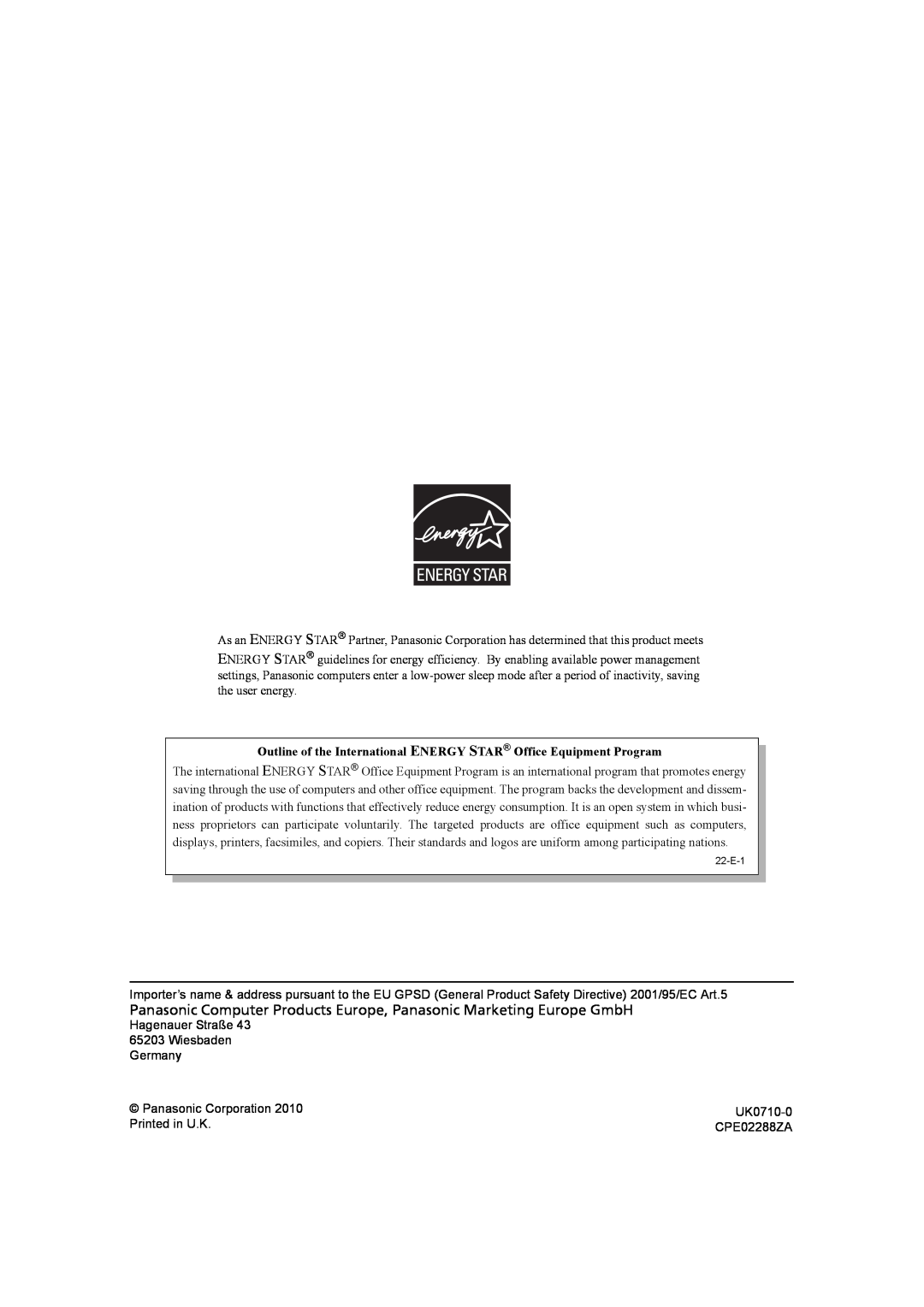 Panasonic CF-F9 appendix Outline of the International ENERGY STAR Office Equipment Program, Panasonic Corporation, UK0710-0 