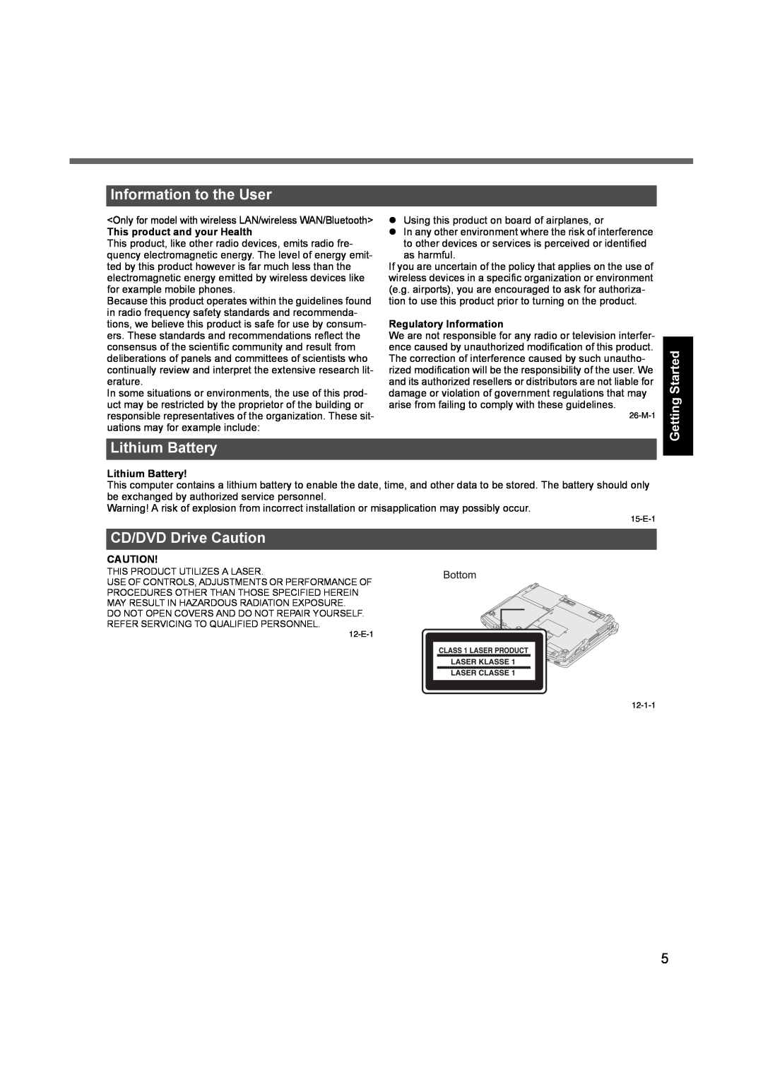 Panasonic CF-F9 Information to the User, Lithium Battery, CD/DVD Drive Caution, Getting Started, Regulatory Information 