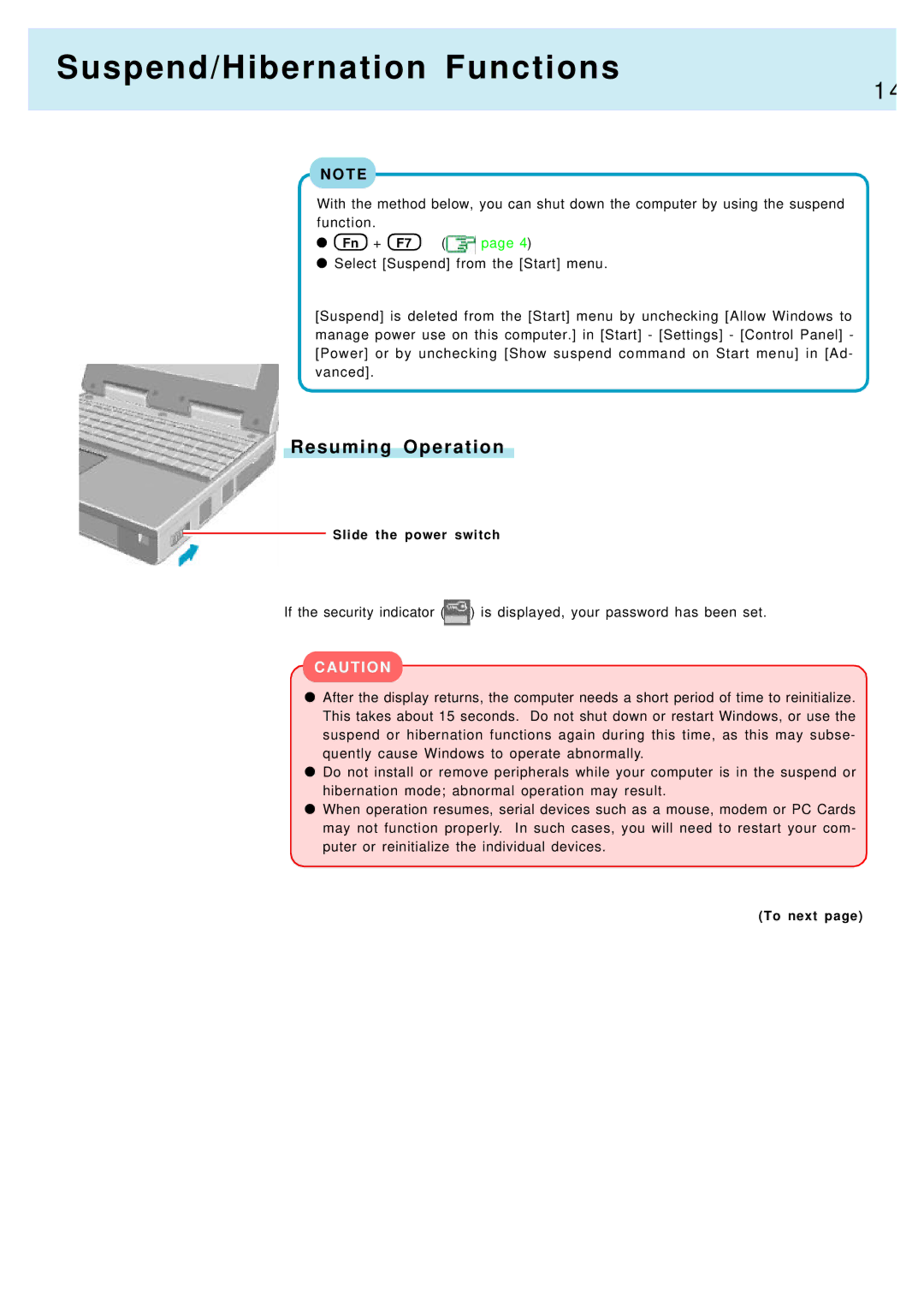 Panasonic CF-M34, CF-17 manual Suspend/Hibernation Functions, Resuming Operation 