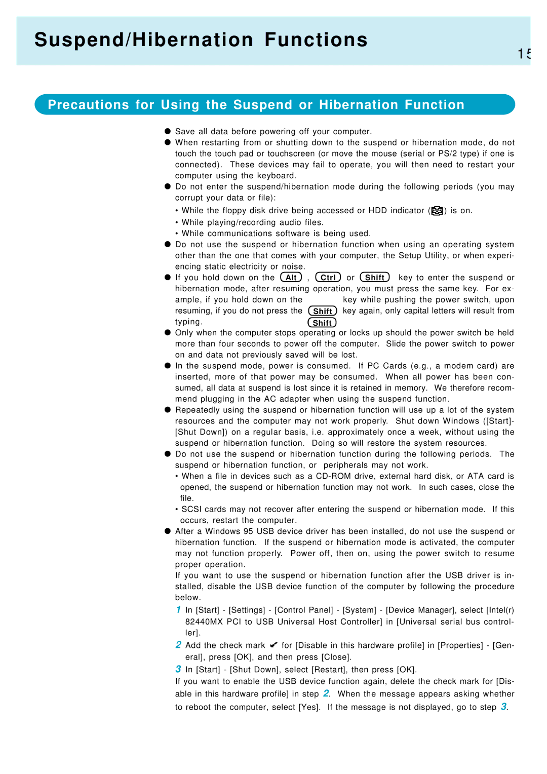 Panasonic CF-17, CF-M34 manual Precautions for Using the Suspend or Hibernation Function 